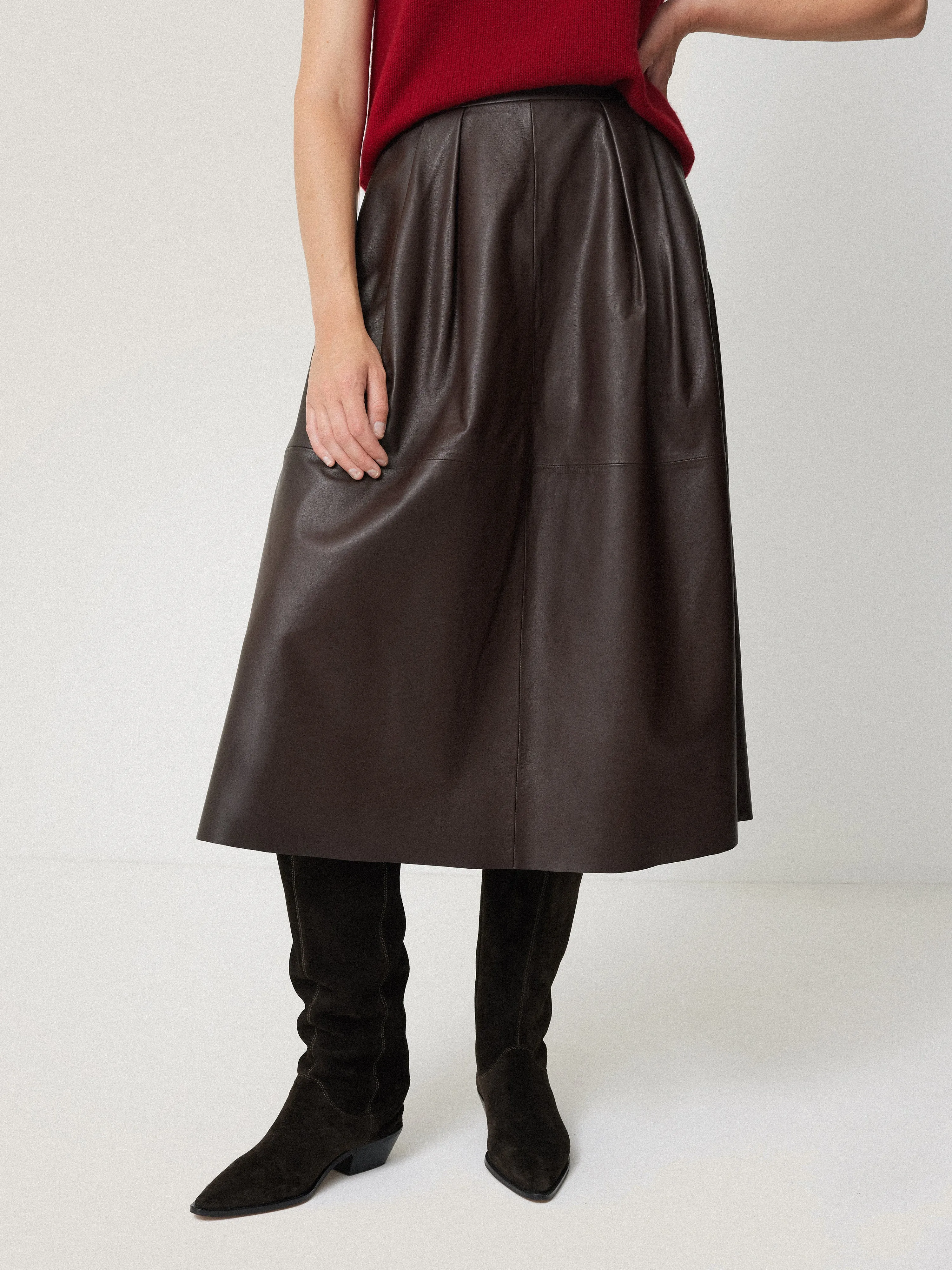 Leather Pleat Midi Skirt | Brown sold by Jigsaw