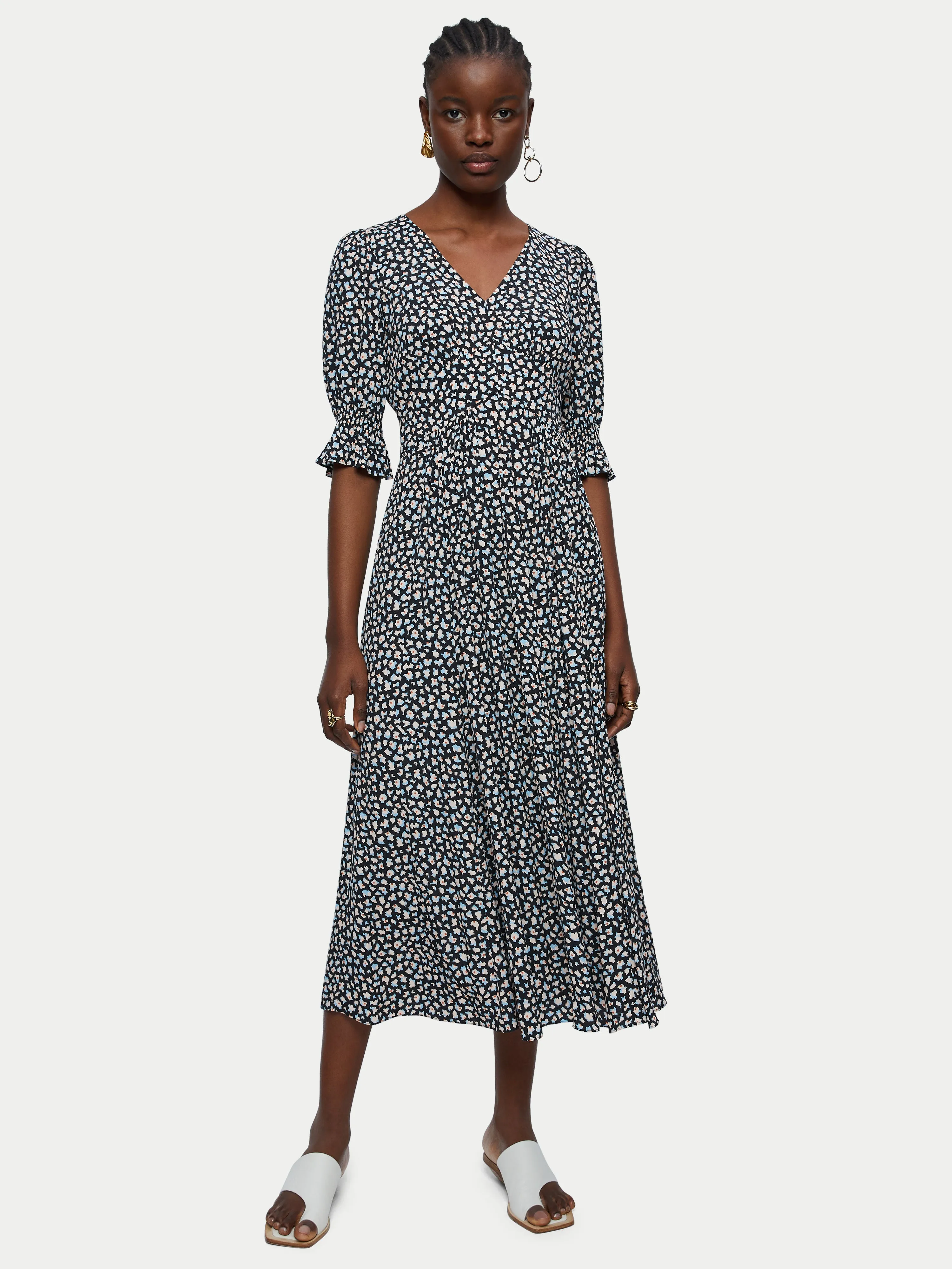 Honeycomb Ditsy Midi Tea Dress | Blue sold by Jigsaw