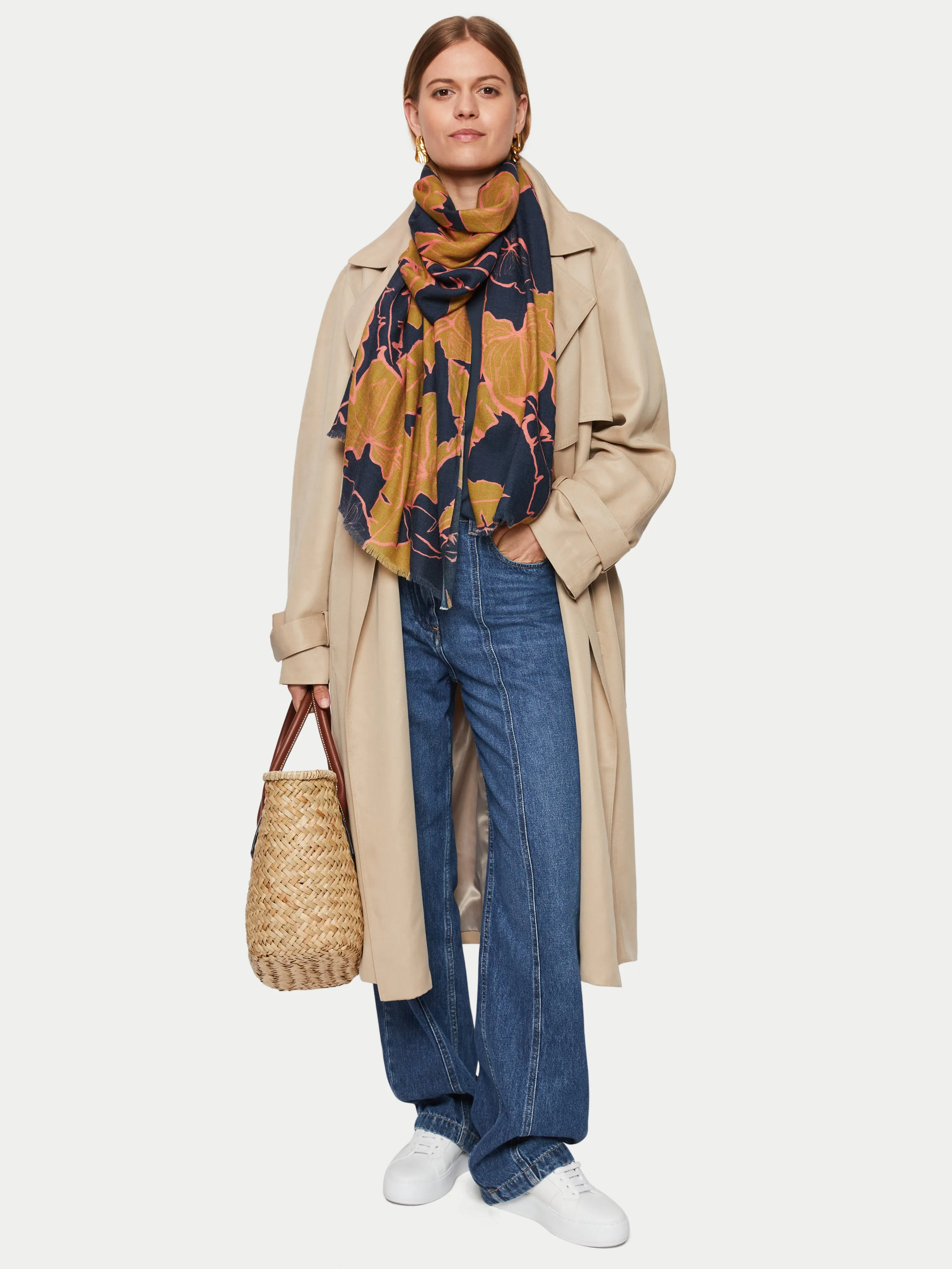 Palm Leaf Wool Silk Scarf | Navy sold by Jigsaw product image thumbnail 2