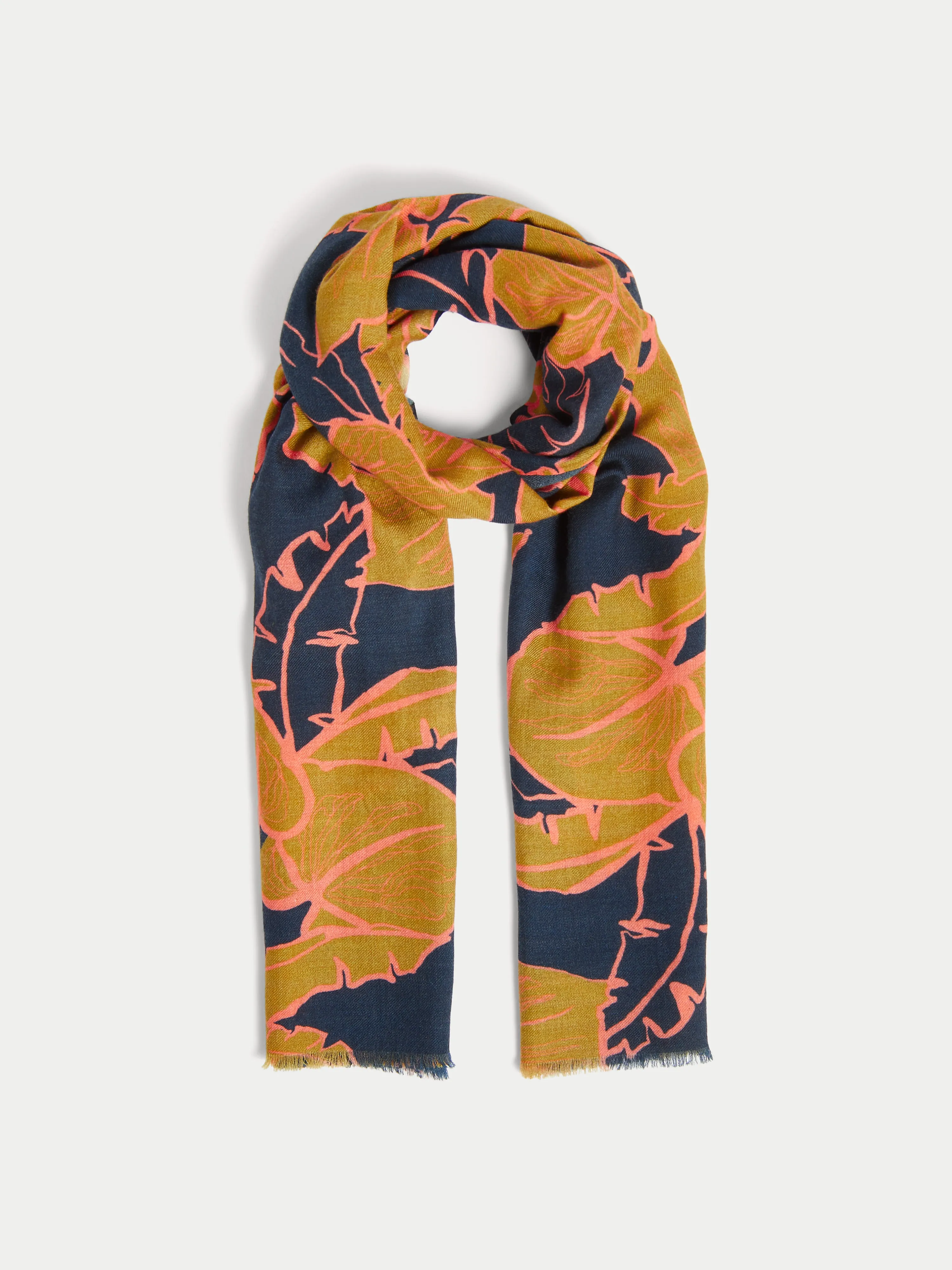Palm Leaf Wool Silk Scarf | Navy sold by Jigsaw