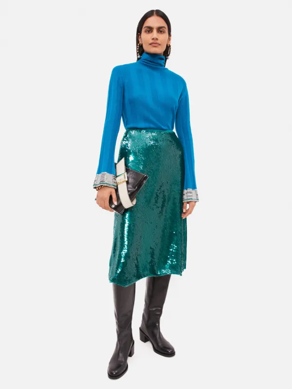 Sequin Midi Skirt | Green sold by Jigsaw