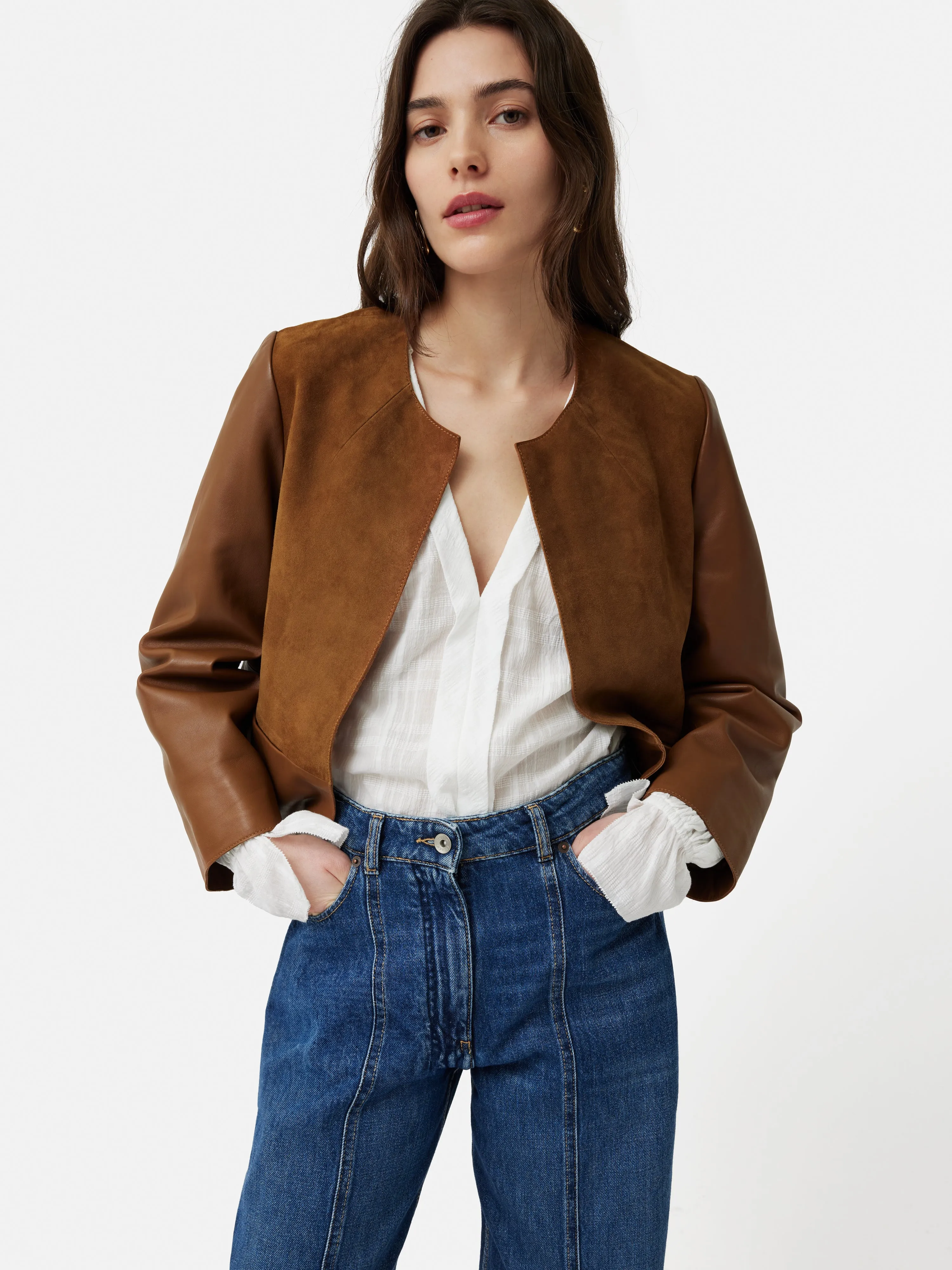 Nakoa Leather Mix Jacket | Tan sold by Jigsaw
