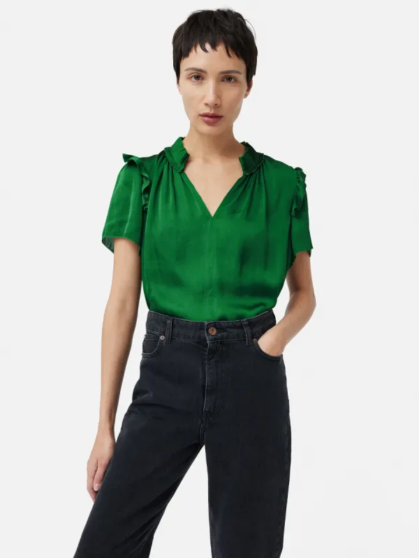 Recycled Satin Ruffle Top | Green sold by Jigsaw