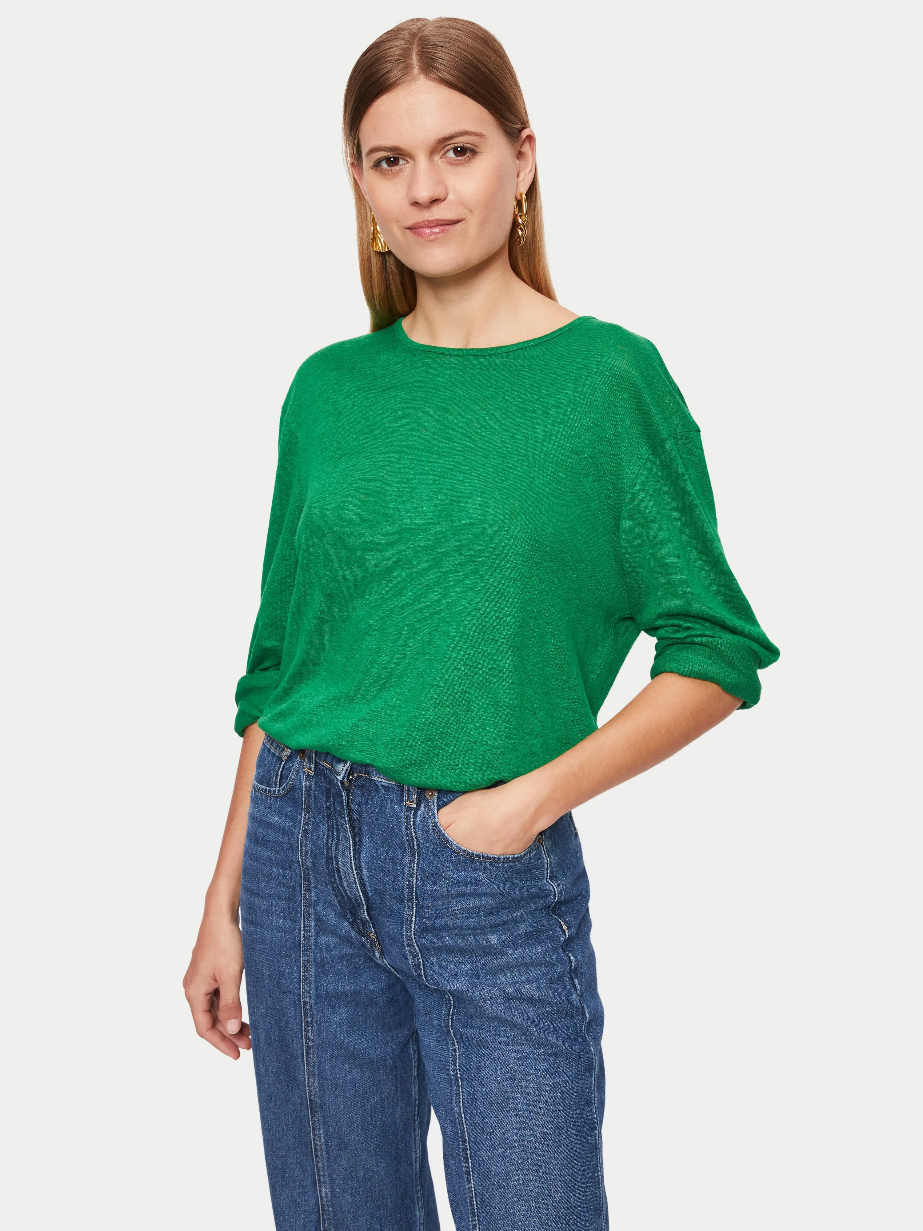 Linen Long Sleeve Crew Tee | Green sold by Jigsaw