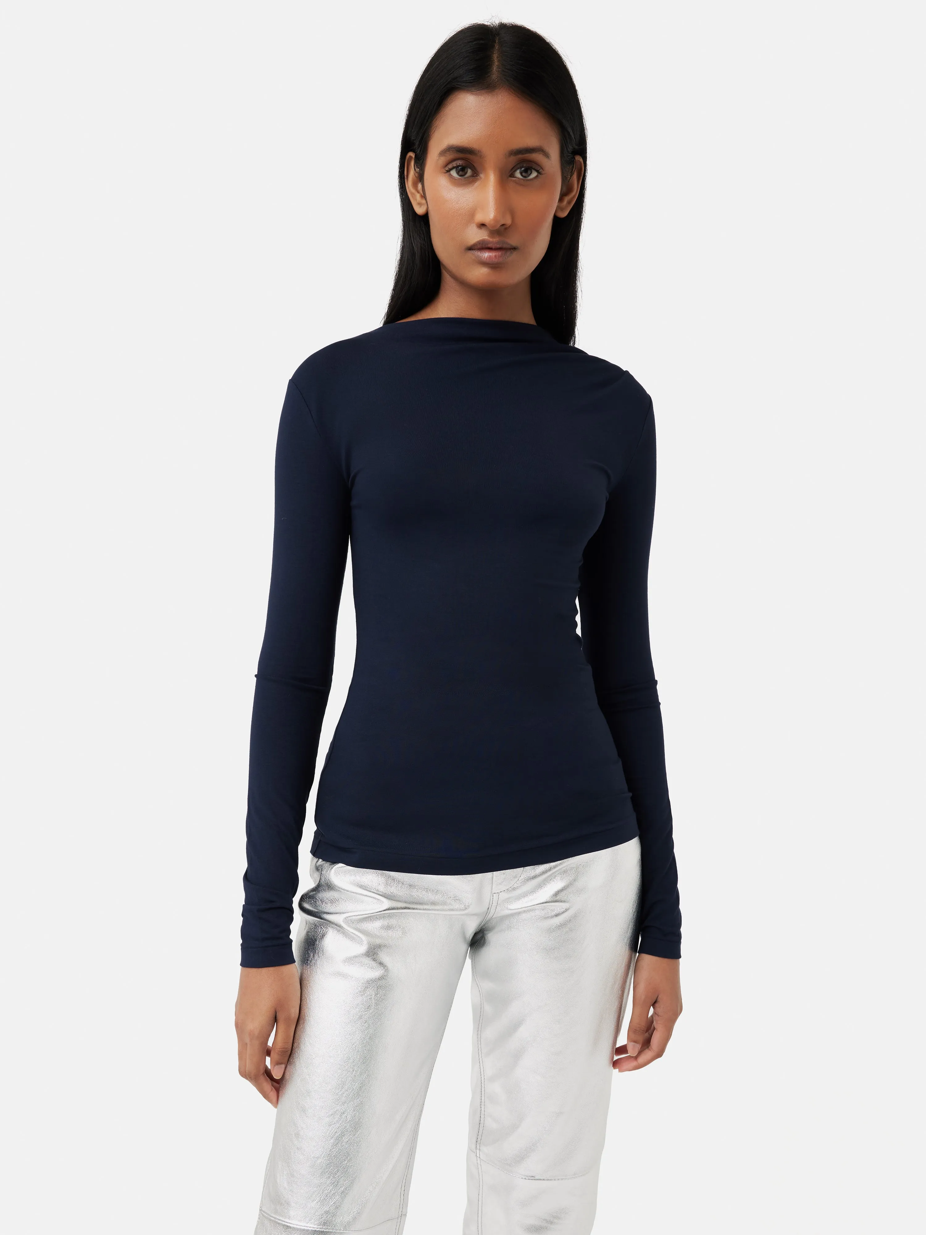 Pleat Long Sleeve Jersey Top | Navy sold by Jigsaw