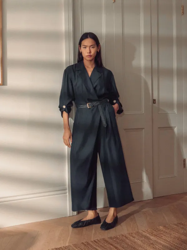 Silk Relaxed Wrap Jumpsuit | Navy sold by Jigsaw