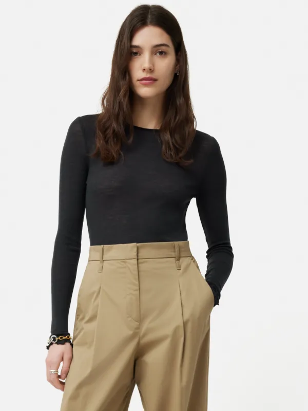 Wool Rib Frill Long Sleeve Top | Grey sold by Jigsaw