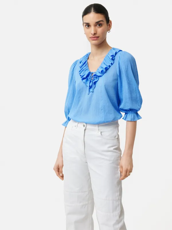 Cotton Crinkle Ruffle Top | Blue sold by Jigsaw