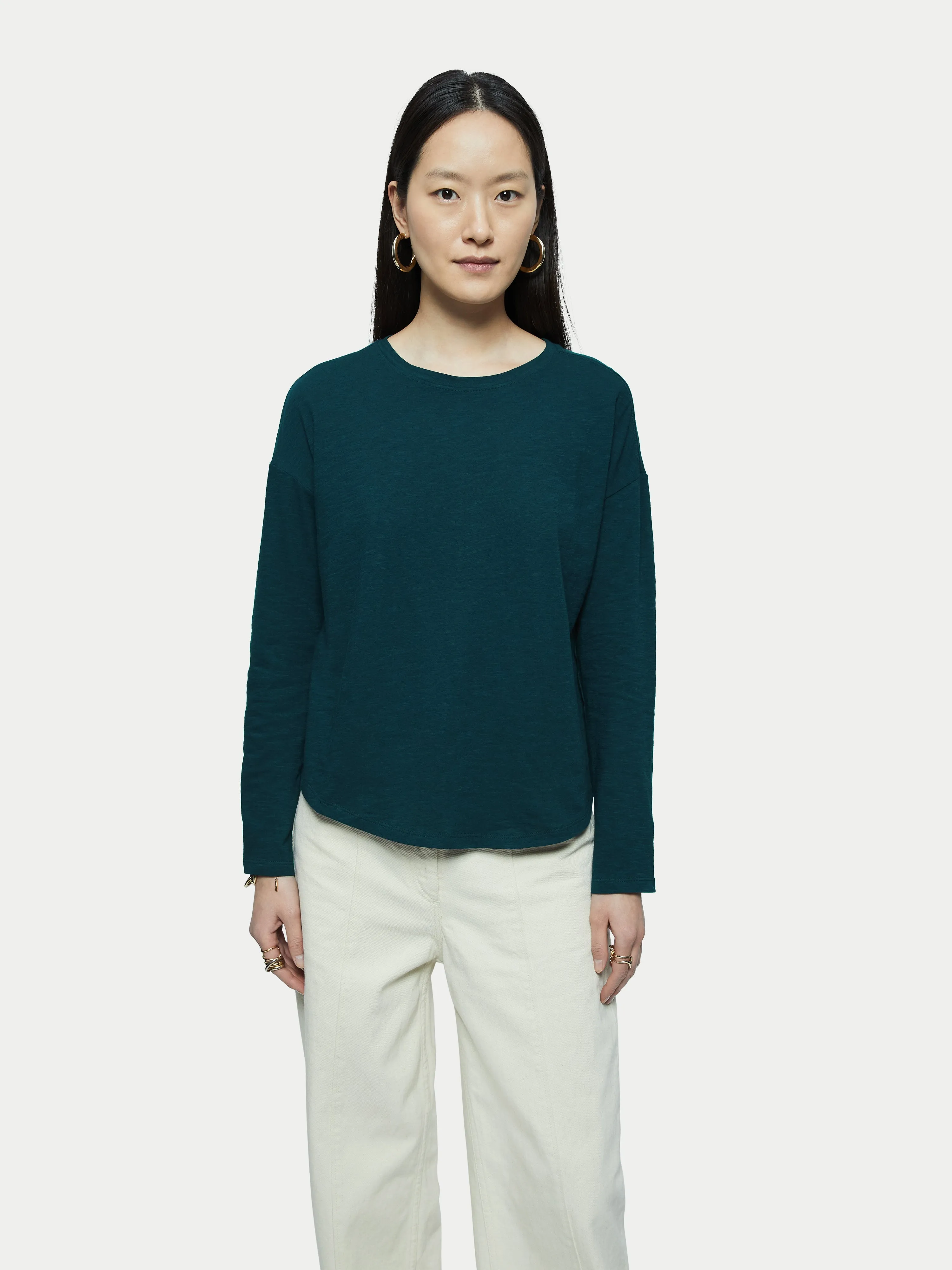 Cotton Slub Long Sleeve Tee | Green sold by Jigsaw