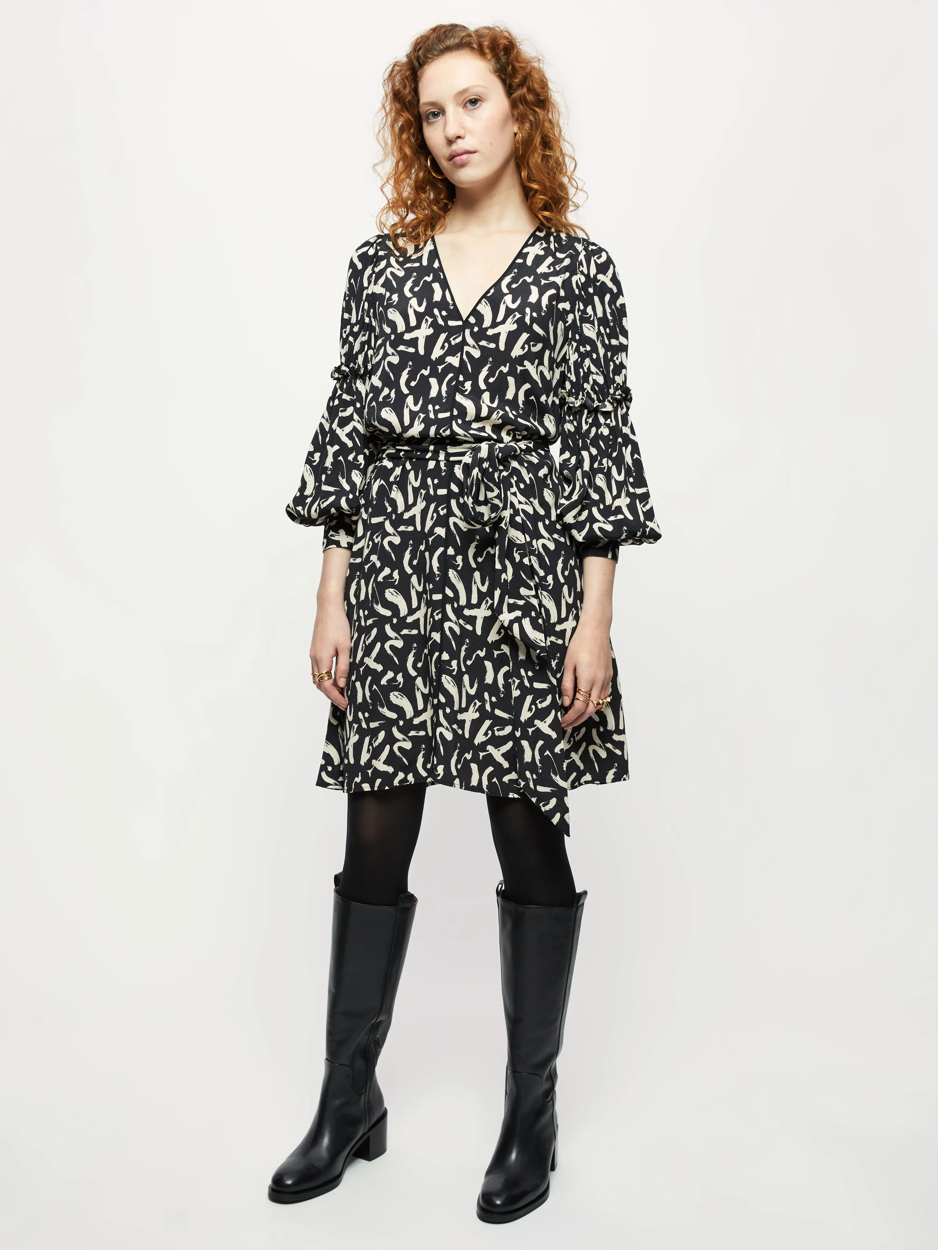 Dash Print Short Belted Dress | Black sold by Jigsaw