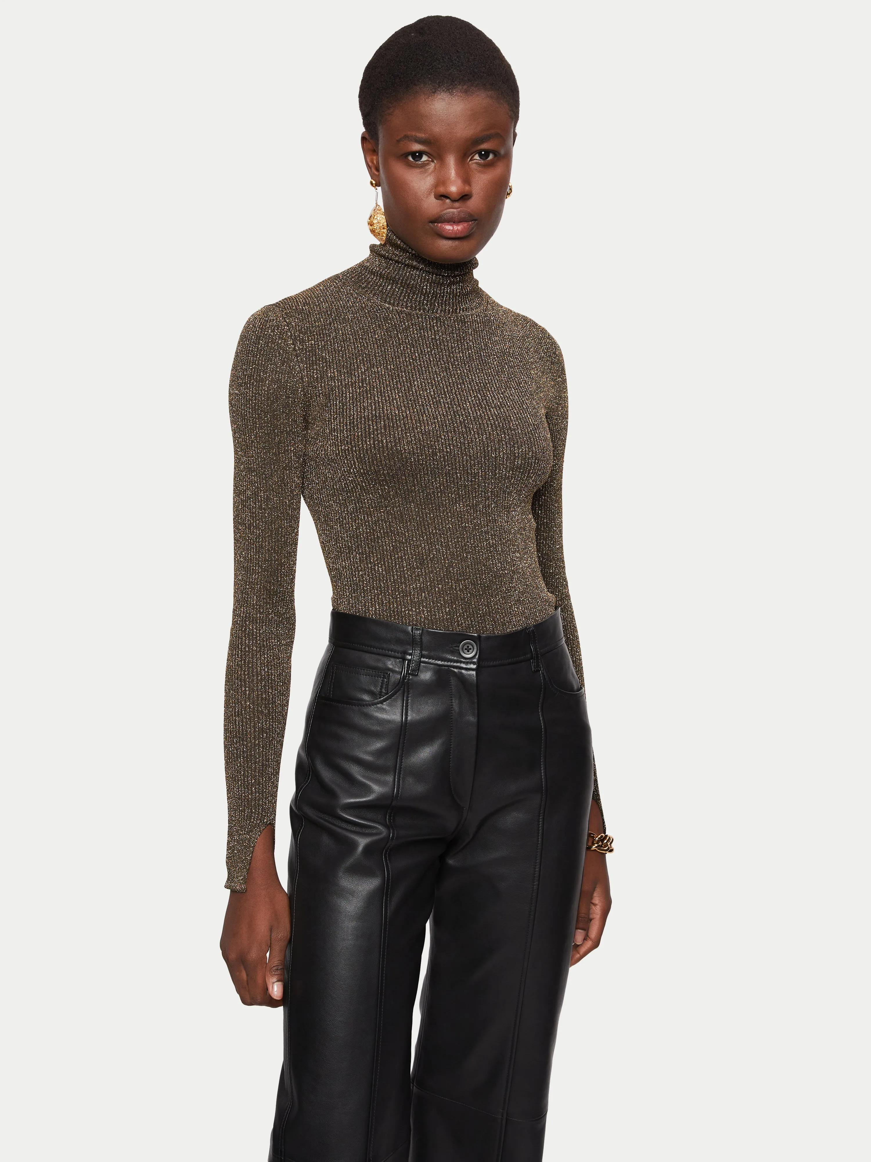 Metallic Rib Polo Neck Jumper | Gold sold by Jigsaw