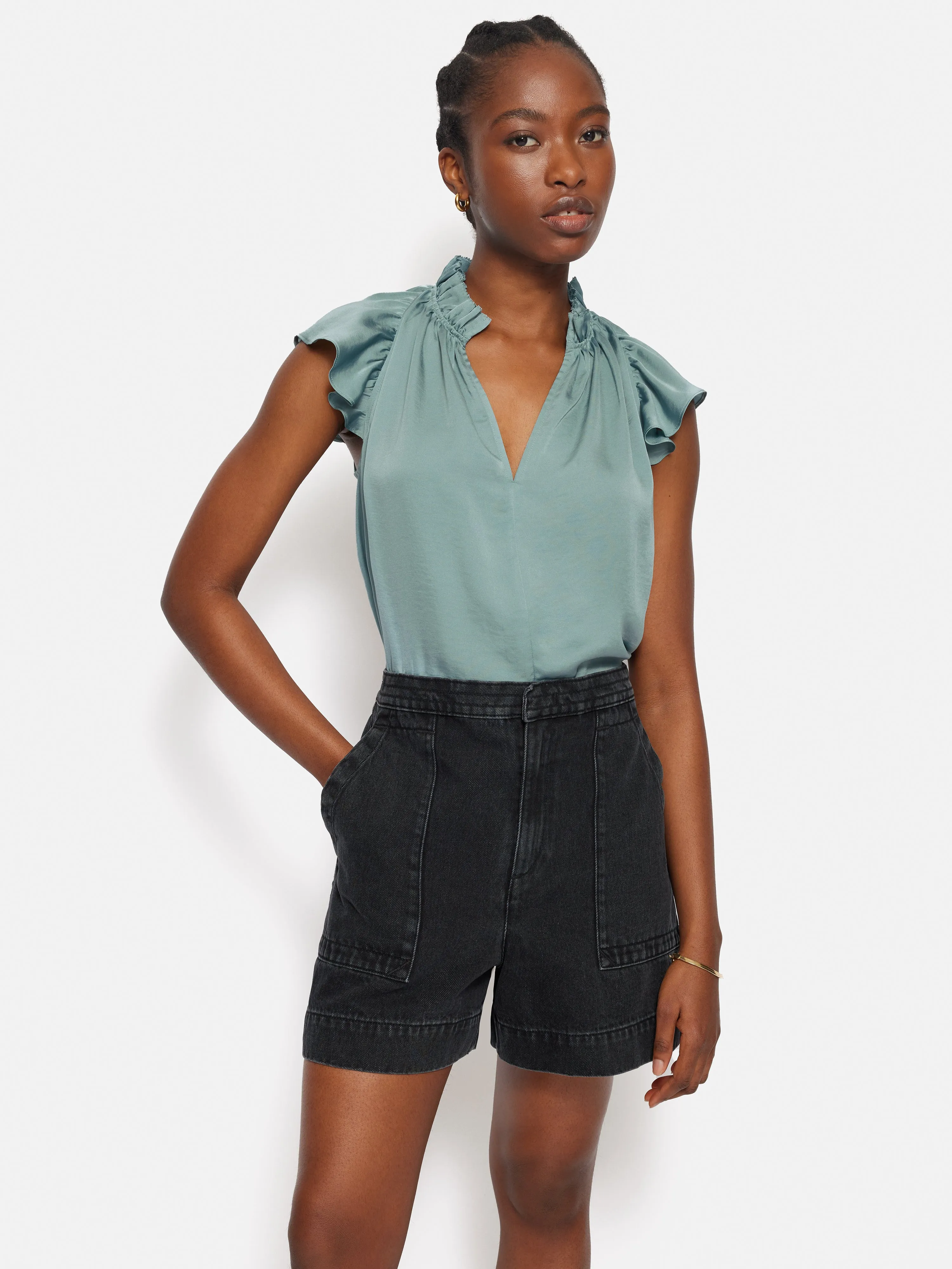 Recycled Satin Frill Neck Top | Green sold by Jigsaw product image thumbnail 2