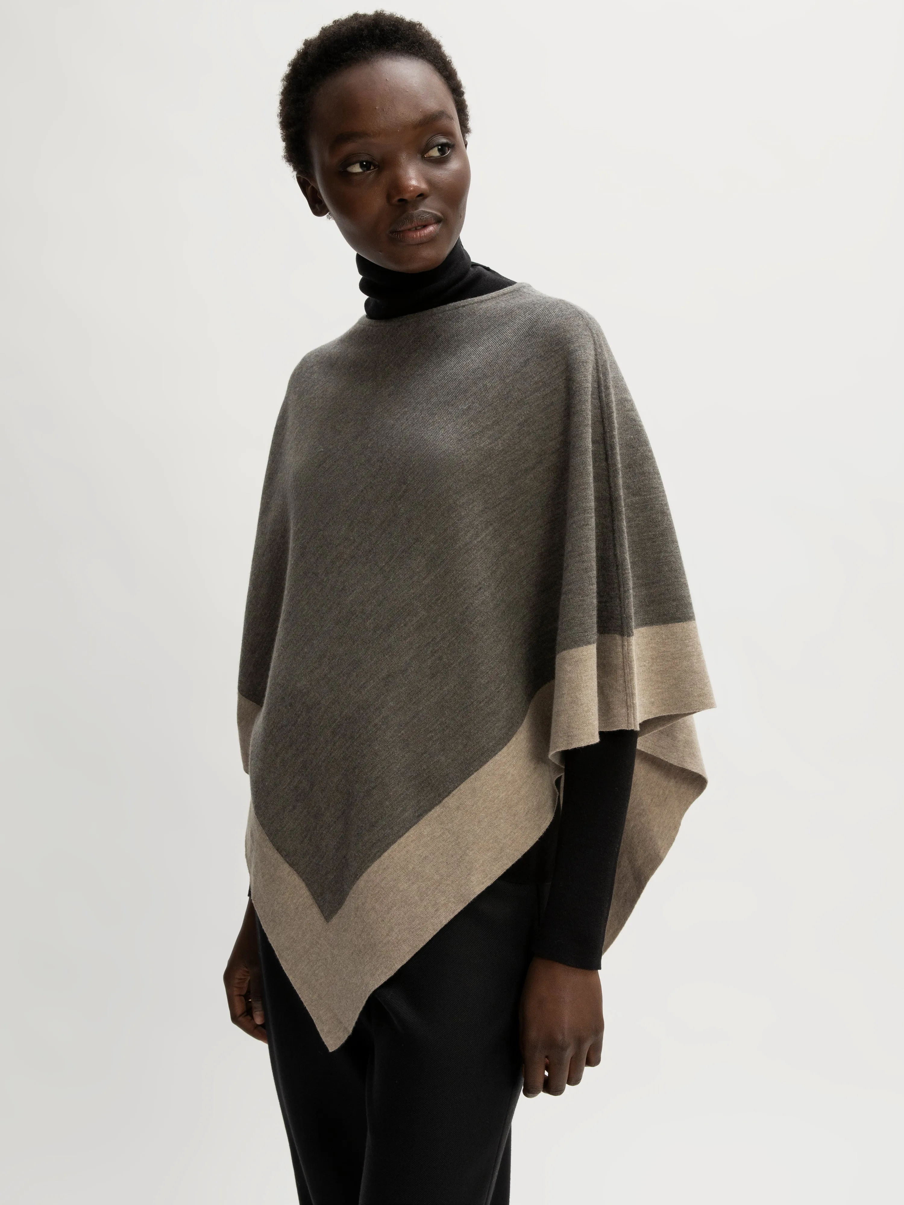 Wool Blend Border Poncho | Mink sold by Jigsaw