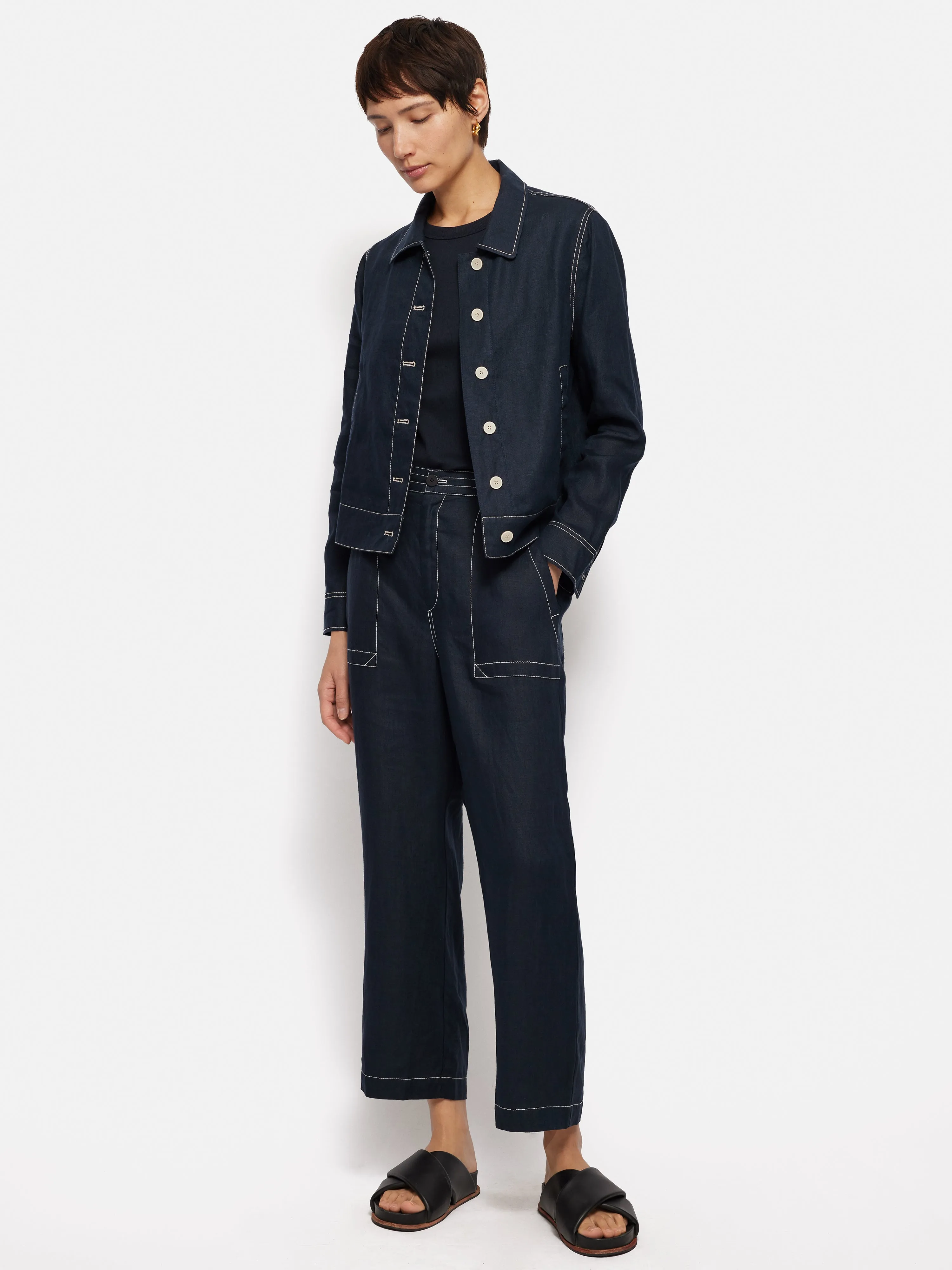 French Linen Cropped Jacket | Navy sold by Jigsaw product image thumbnail 4
