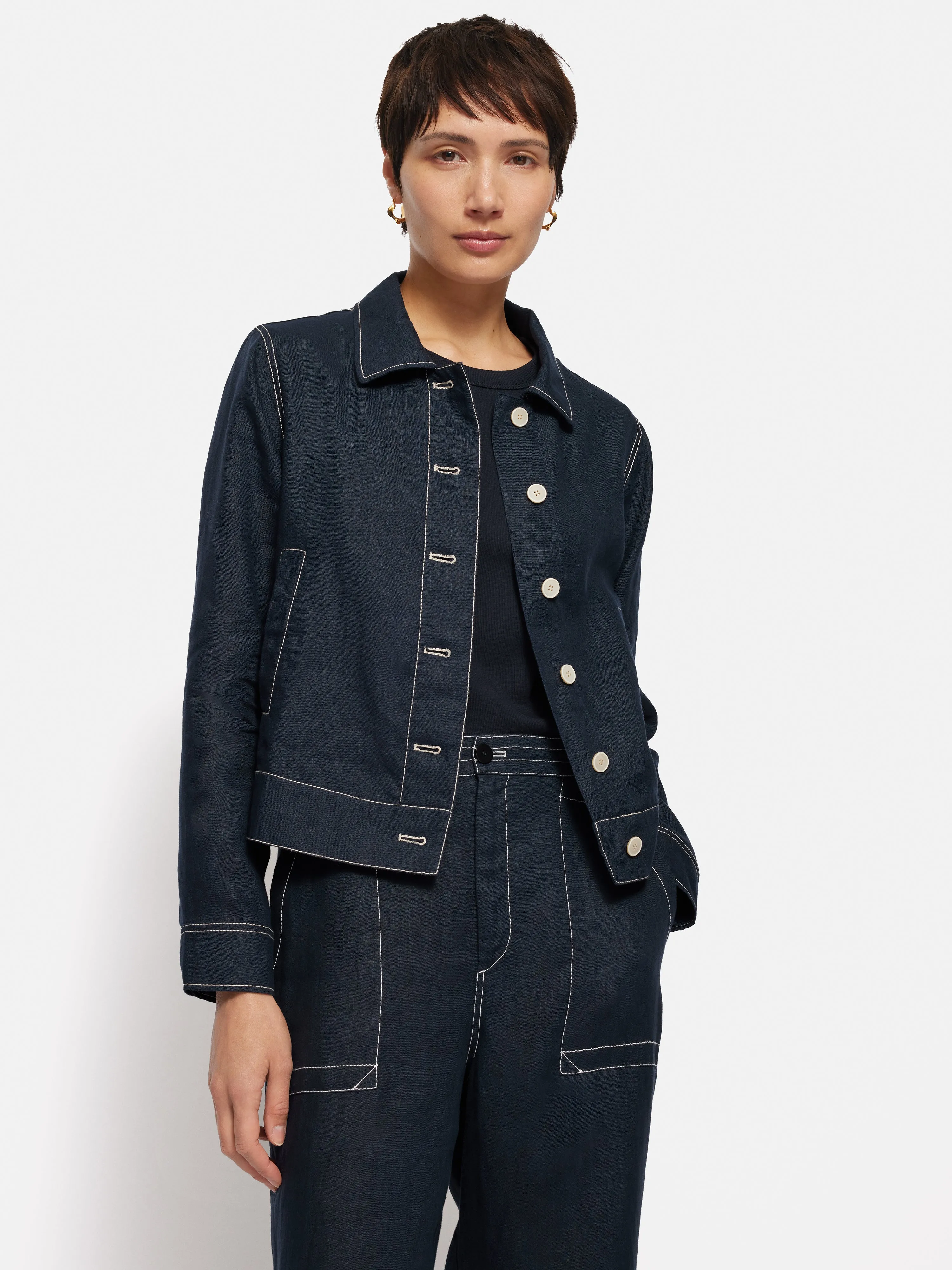 French Linen Cropped Jacket | Navy sold by Jigsaw
