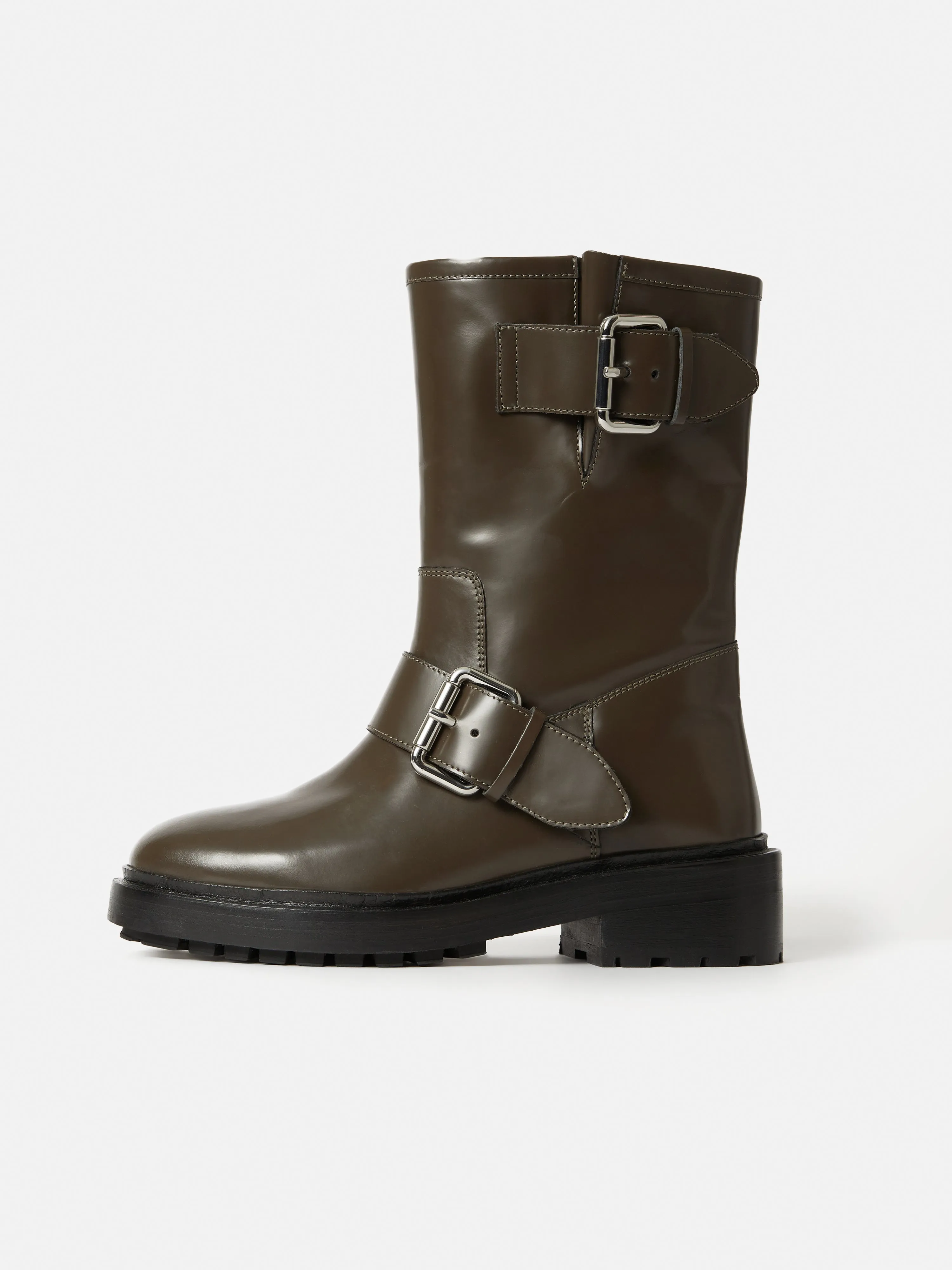 Box Leather Biker Boot | Khaki sold by Jigsaw
