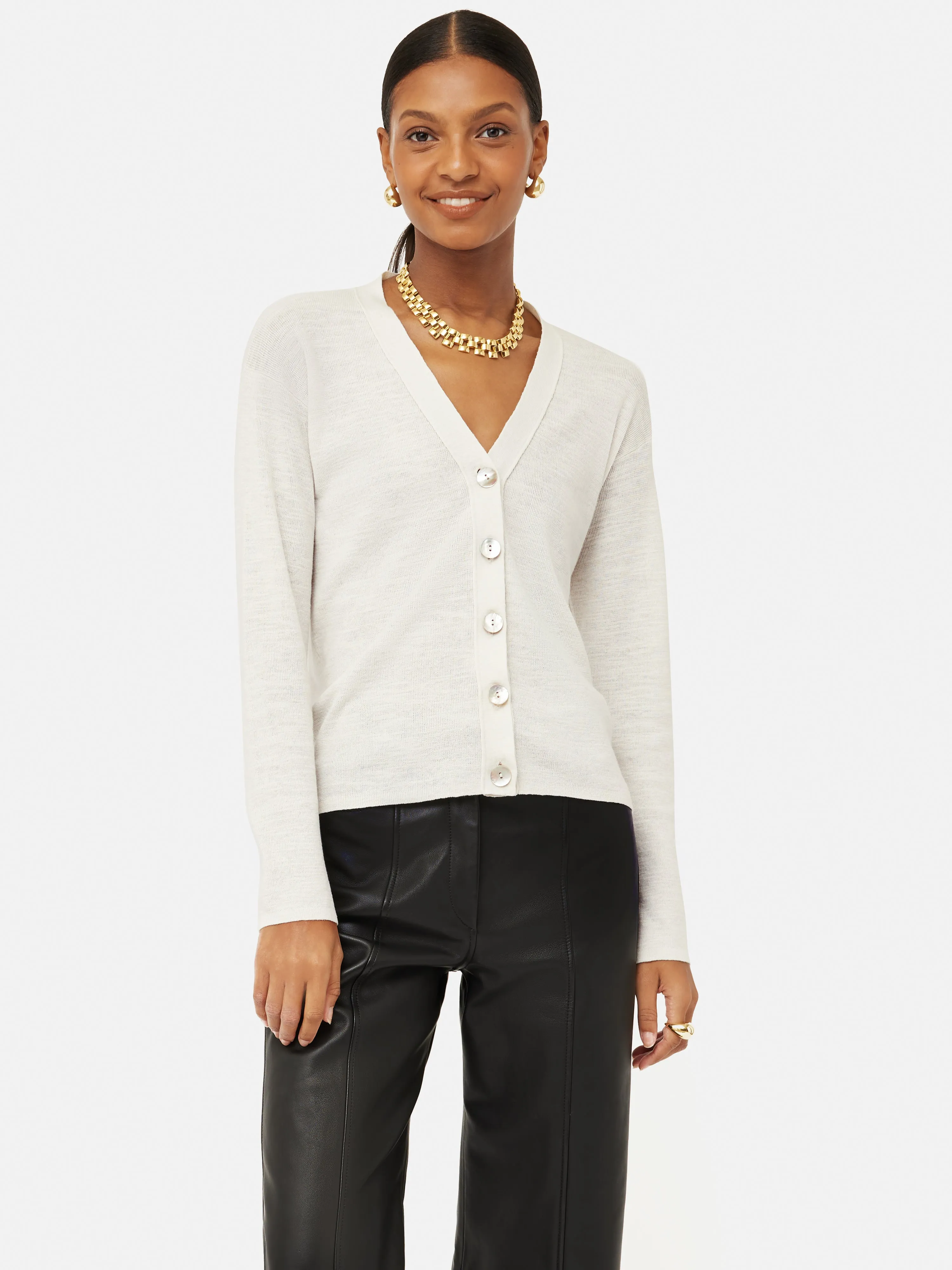 Linen Cotton V Neck Cardigan | Ivory sold by Jigsaw