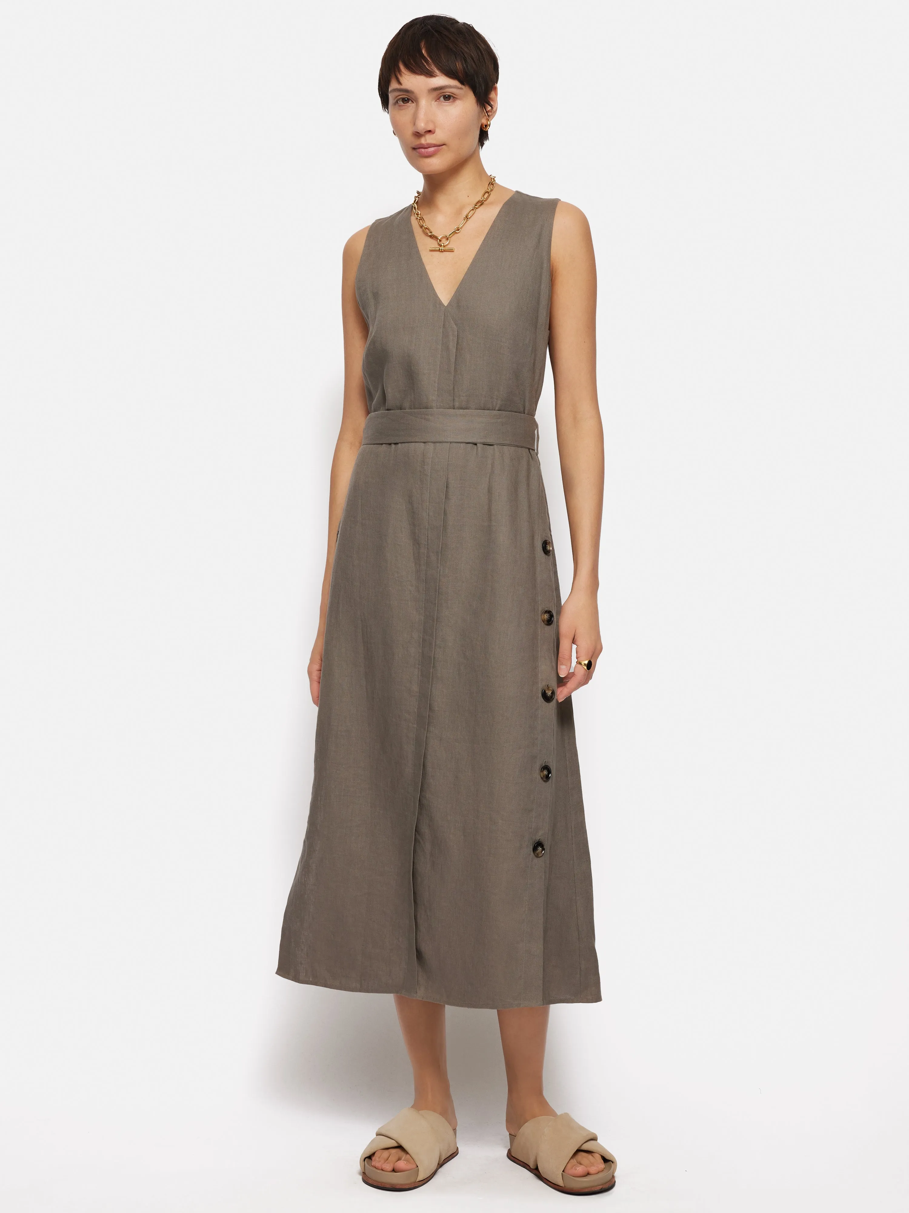 Linen Button Detail Dress | Taupe sold by Jigsaw