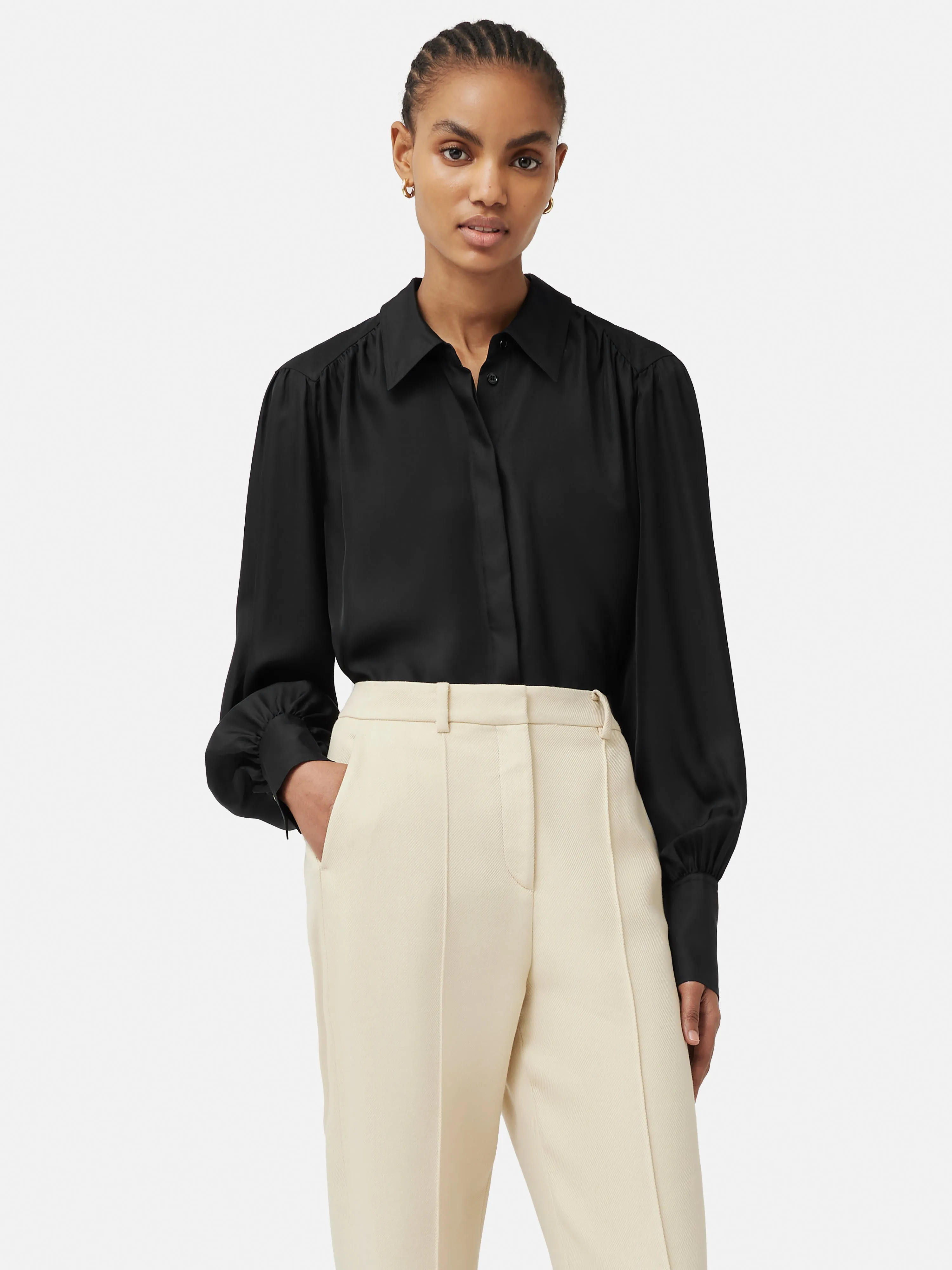 Stitch Detail Silk Twill Shirt | Black sold by Jigsaw product image thumbnail 4