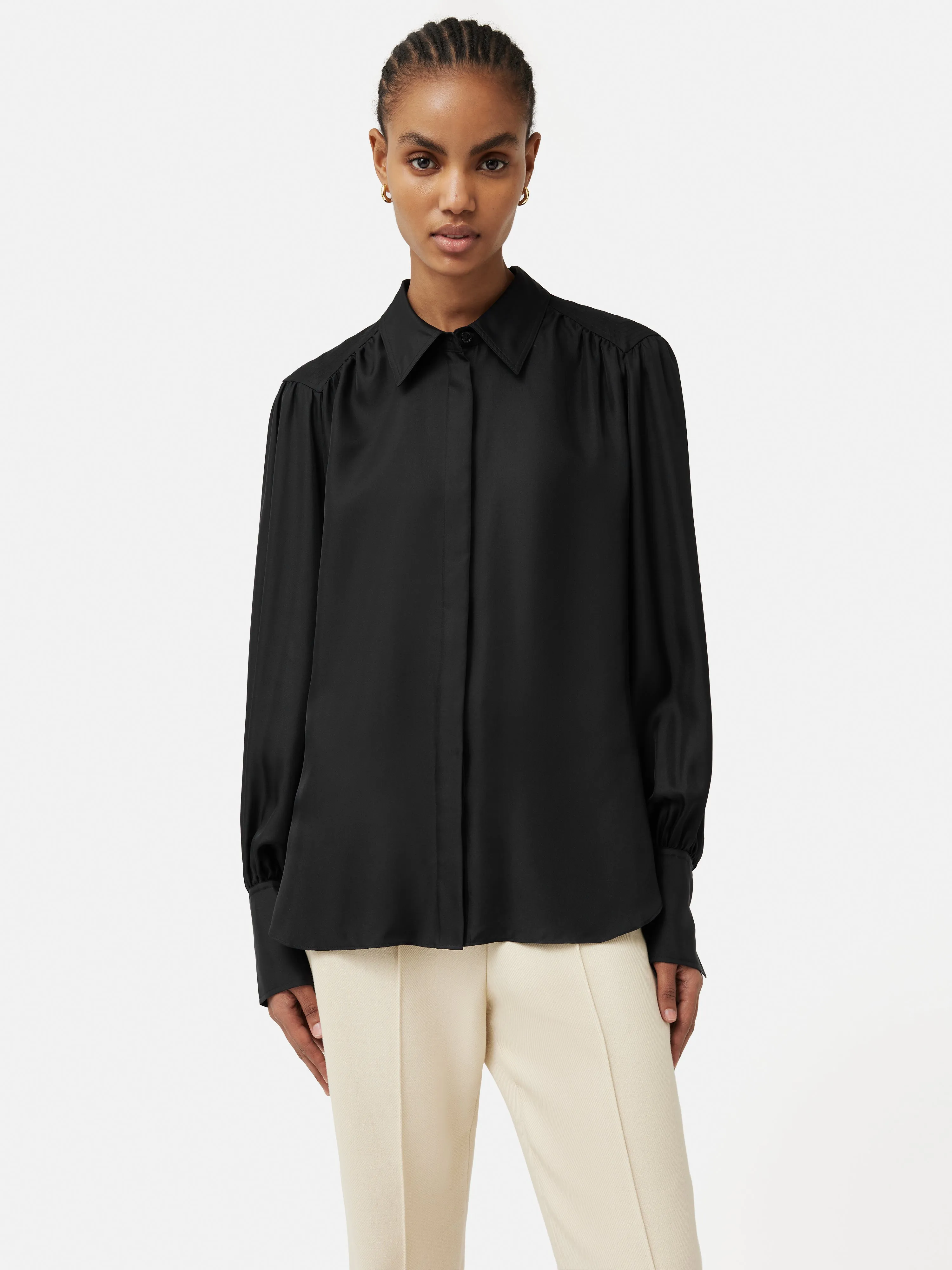 Stitch Detail Silk Twill Shirt | Black sold by Jigsaw