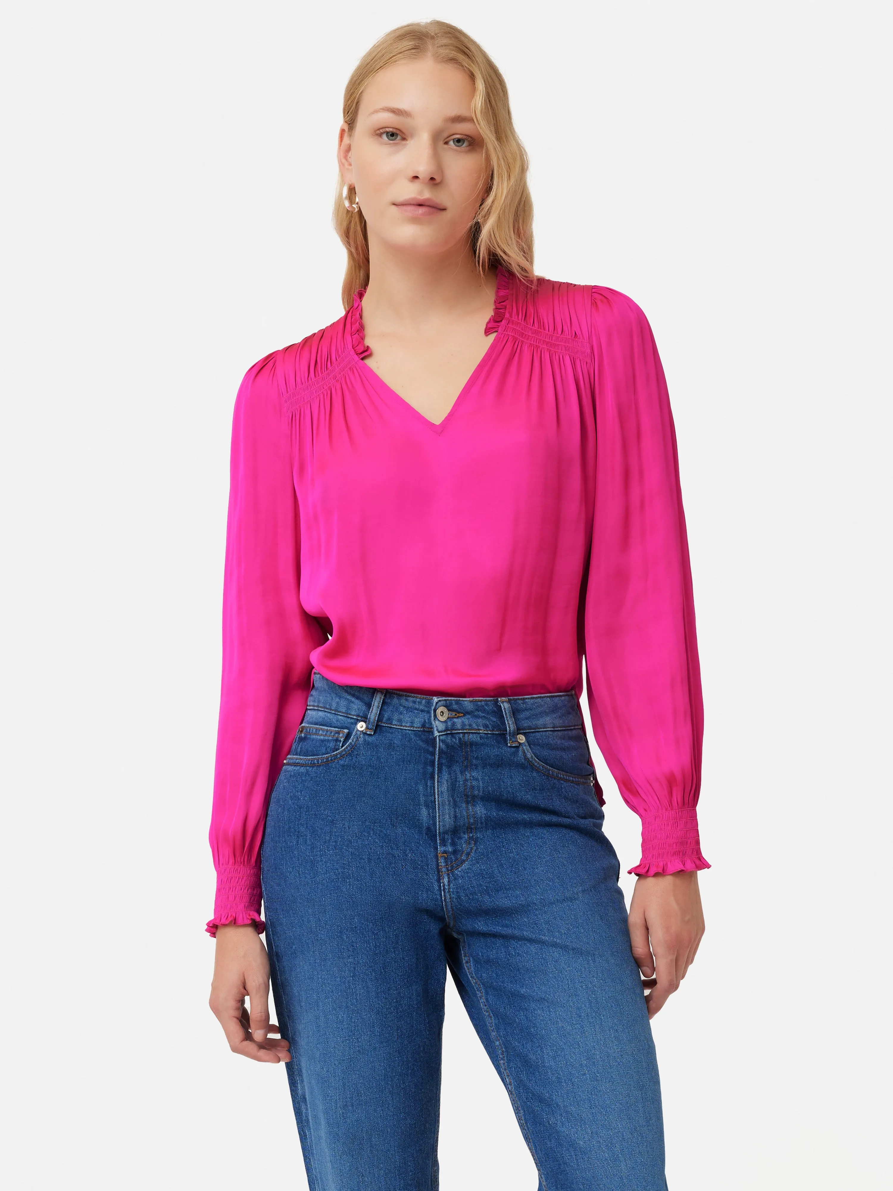 Recycled Satin Long Sleeve Top | Pink sold by Jigsaw