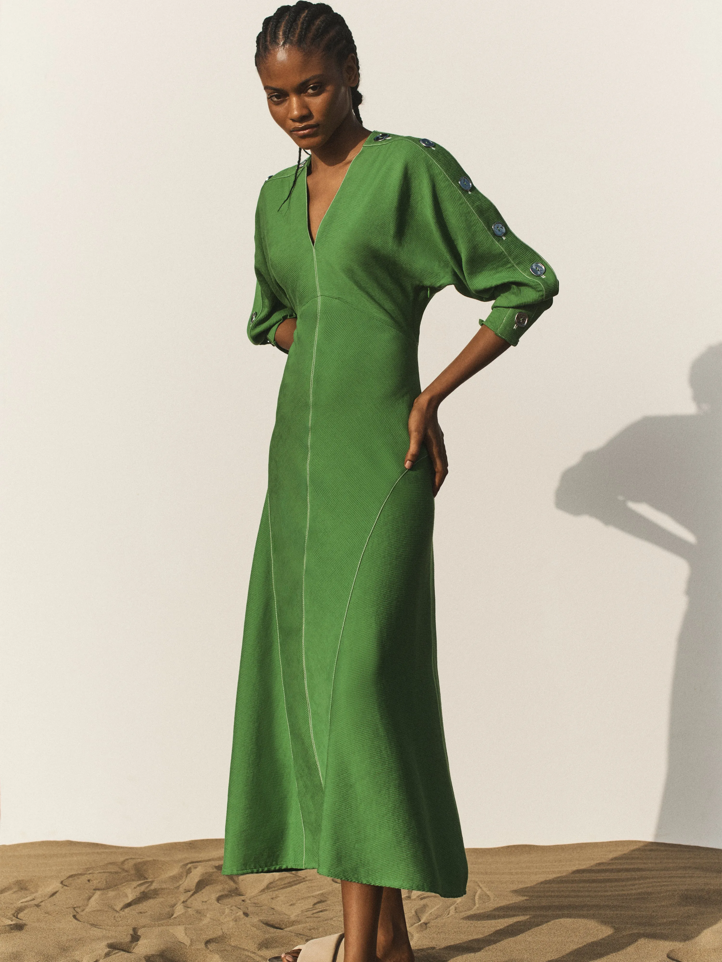 Button Detail Crepe Midi Dress | Green sold by Jigsaw