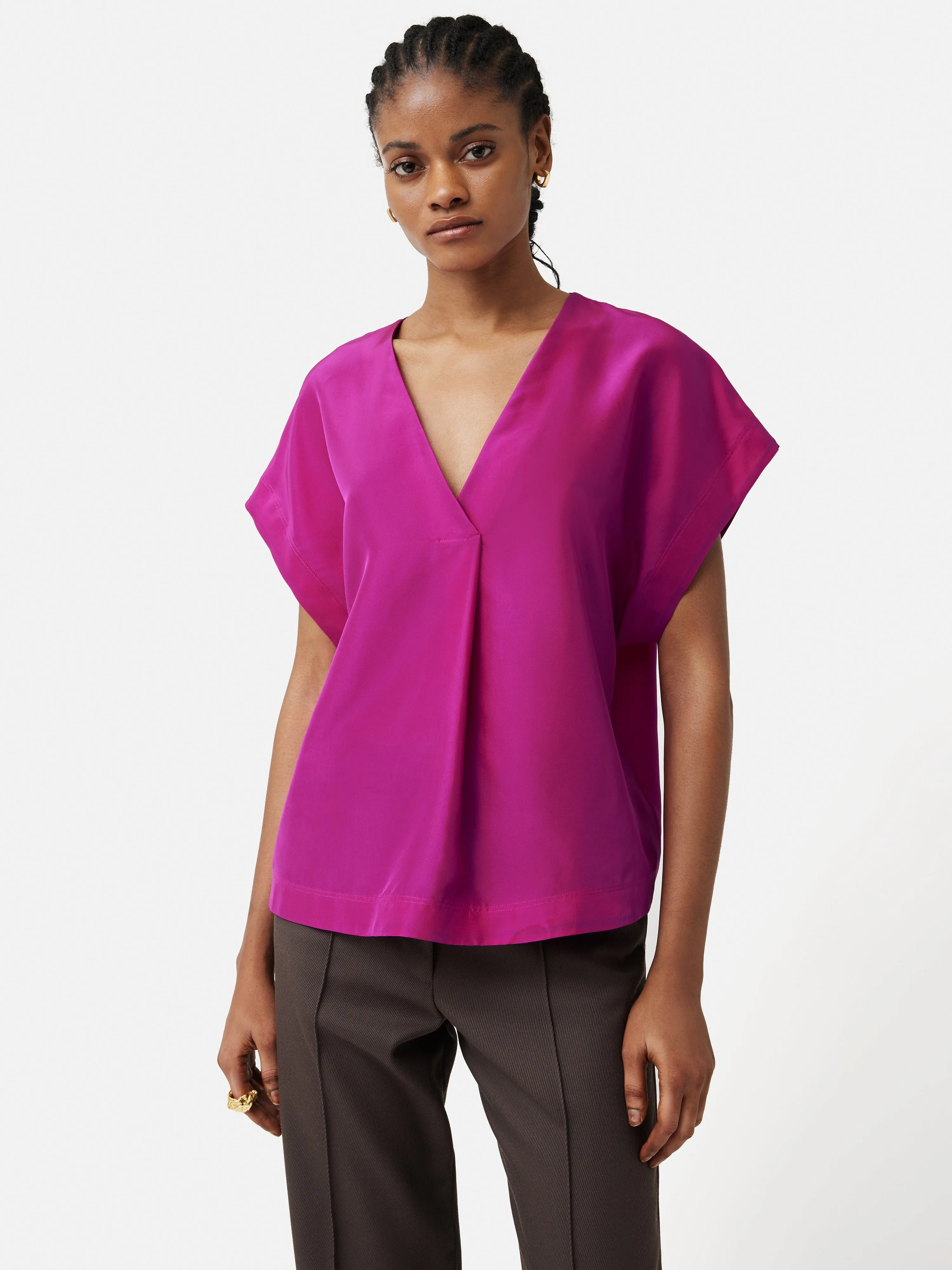 Silk Habotai V Neck Top | Pink sold by Jigsaw