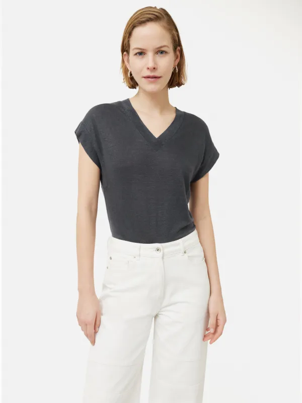 Linen Short Sleeve V Neck Tee | Slate sold by Jigsaw