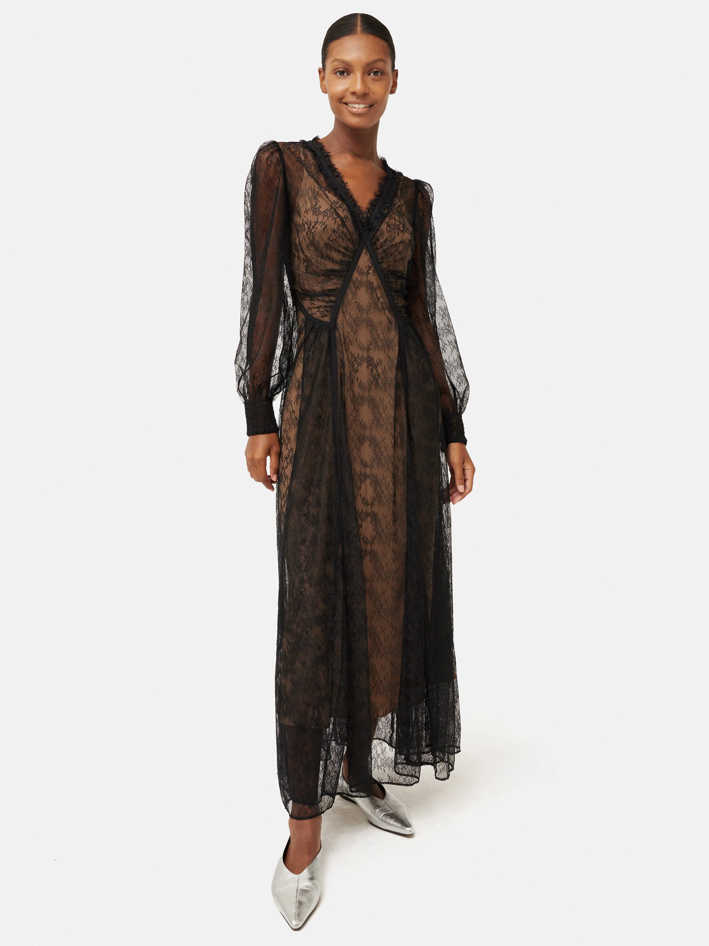 Gathered Scalloped Lace Dress | Black sold by Jigsaw