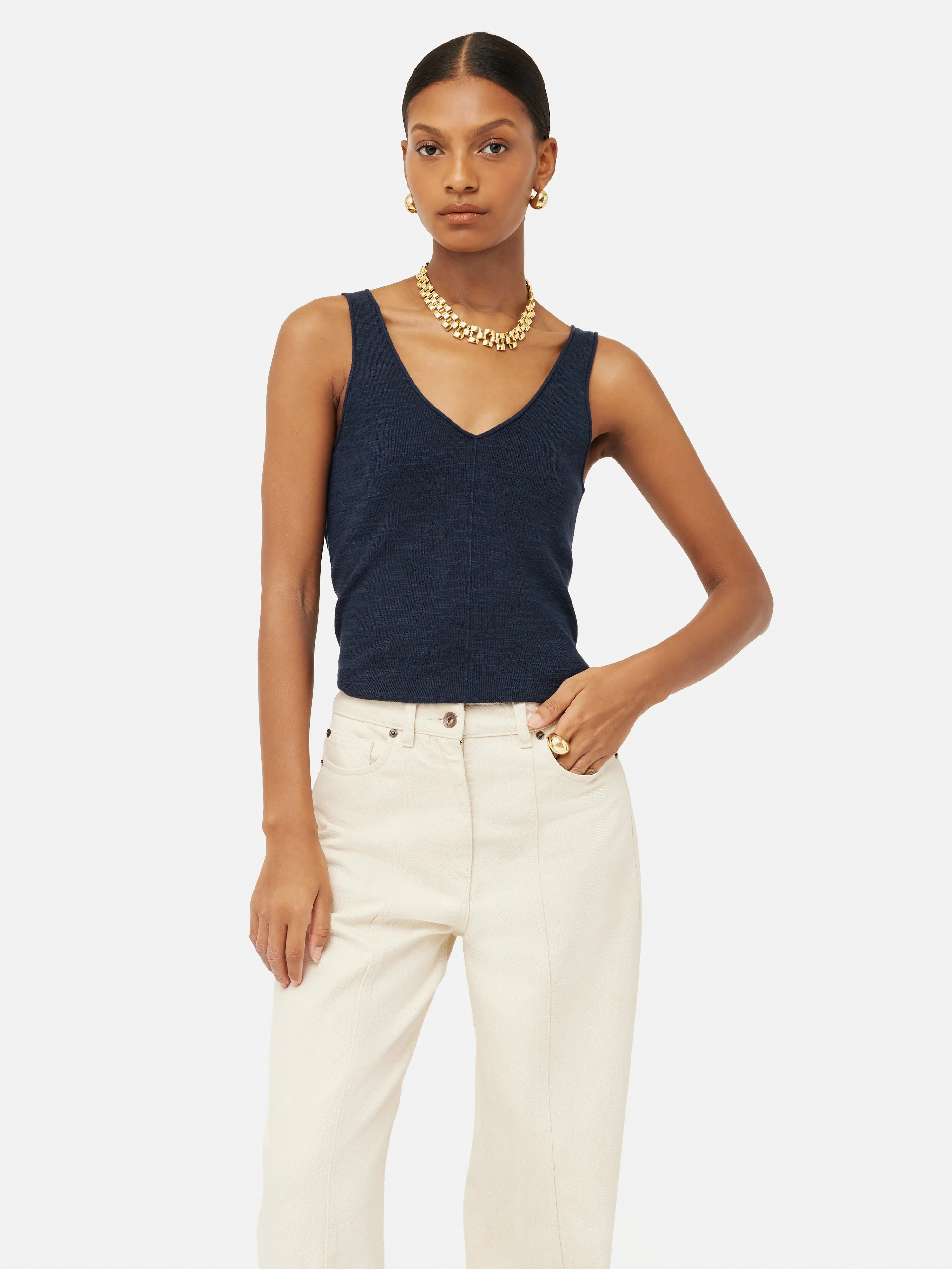 Linen Cotton V Neck Vest | Blue sold by Jigsaw