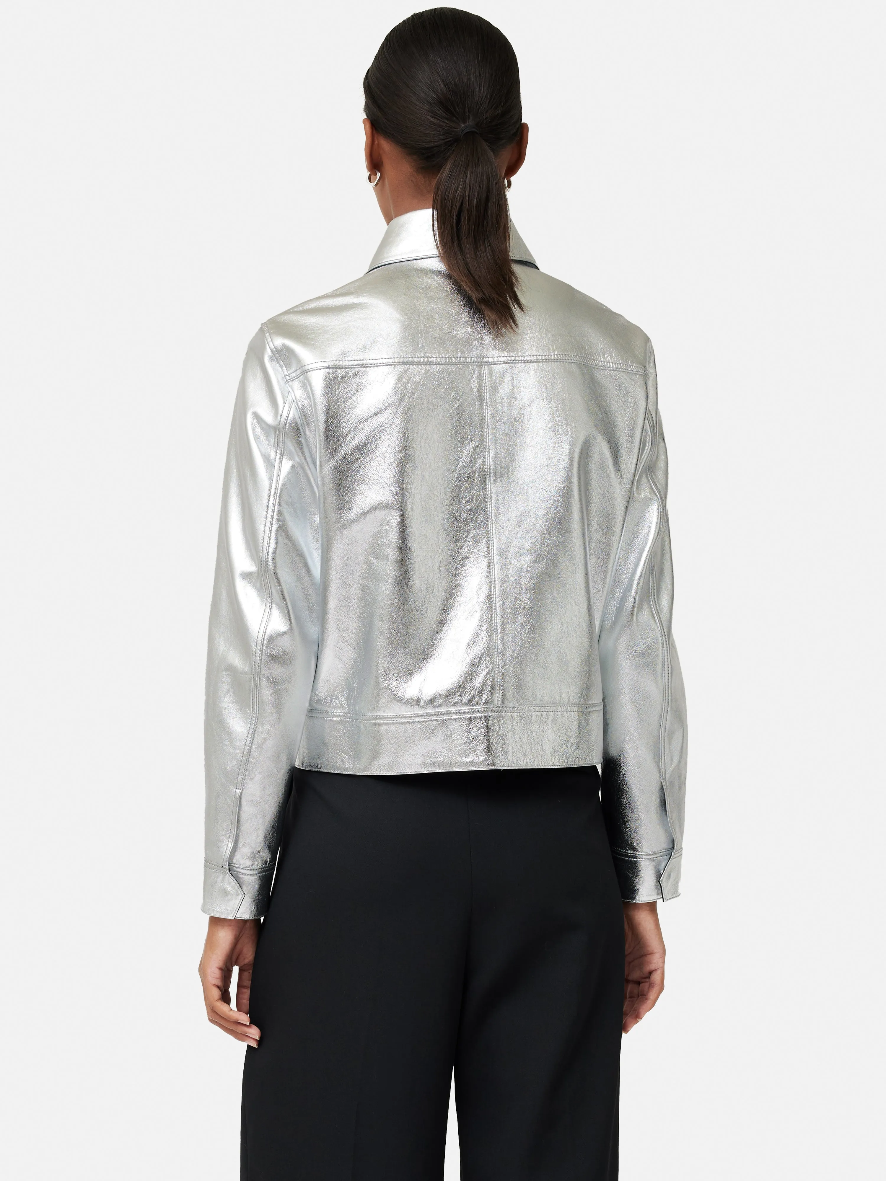 Zip Front Leather Biker Jacket | Silver sold by Jigsaw product image thumbnail 5