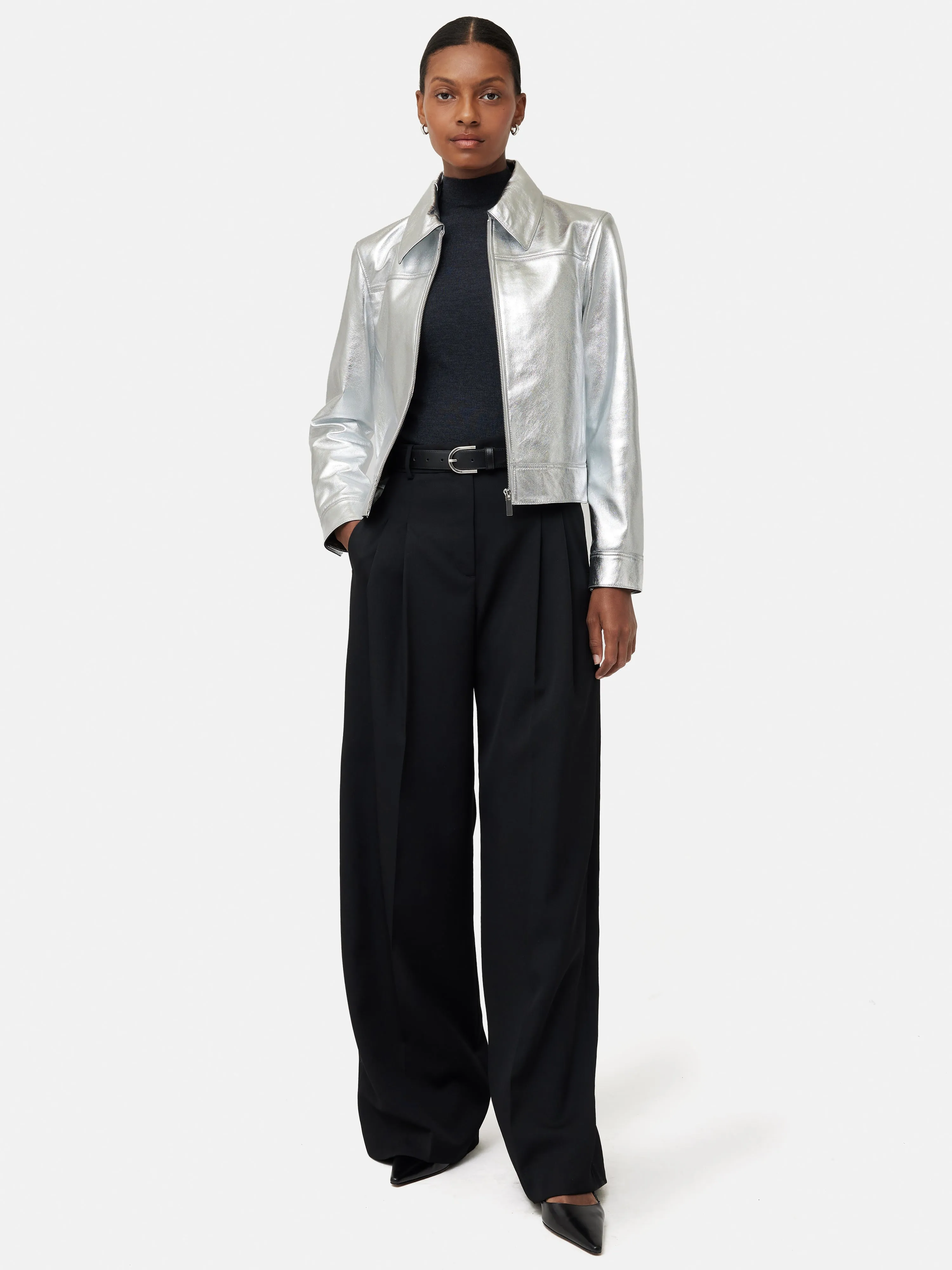 Zip Front Leather Biker Jacket | Silver sold by Jigsaw product image thumbnail 3