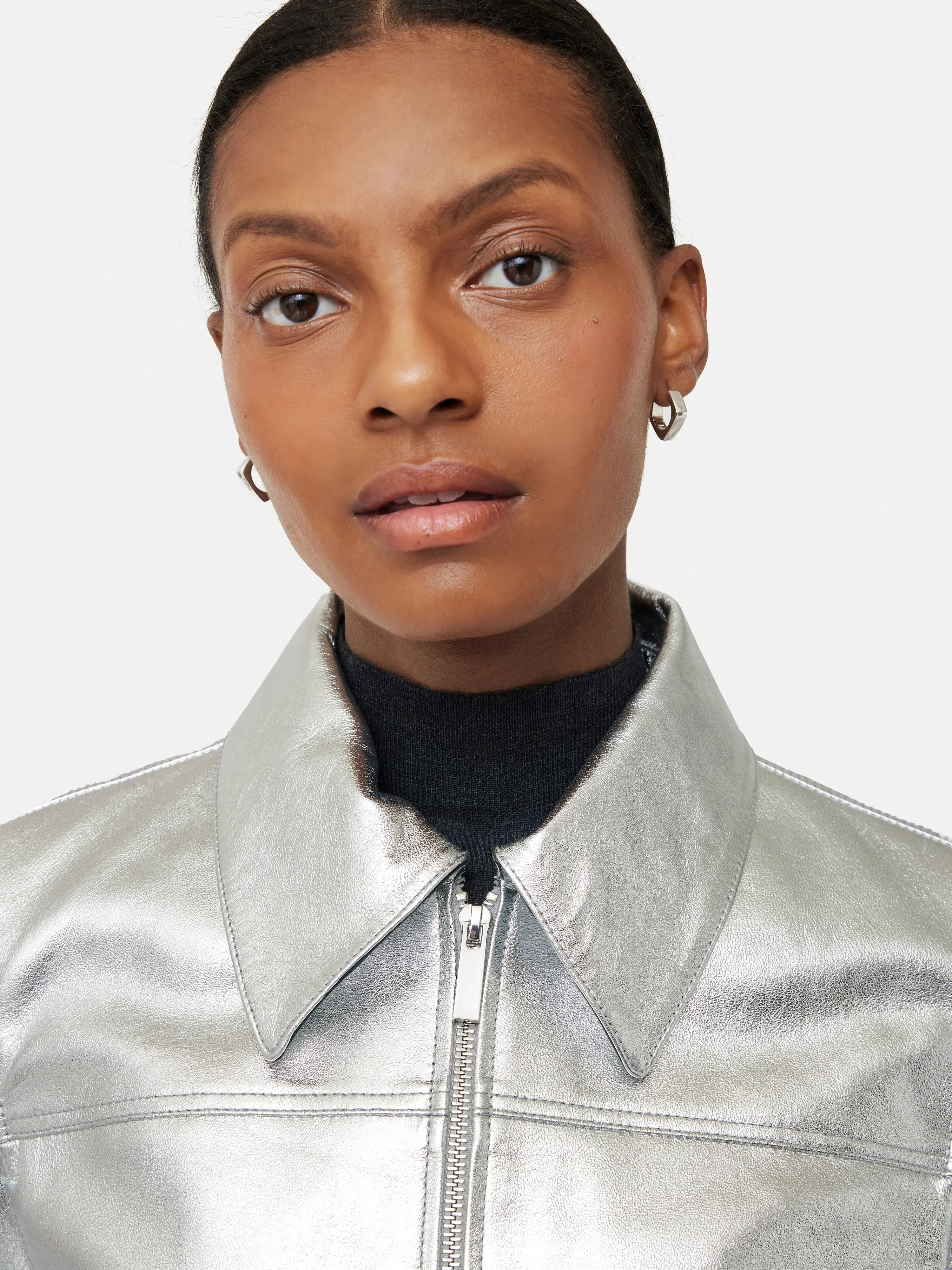 Zip Front Leather Biker Jacket | Silver sold by Jigsaw product image thumbnail 4