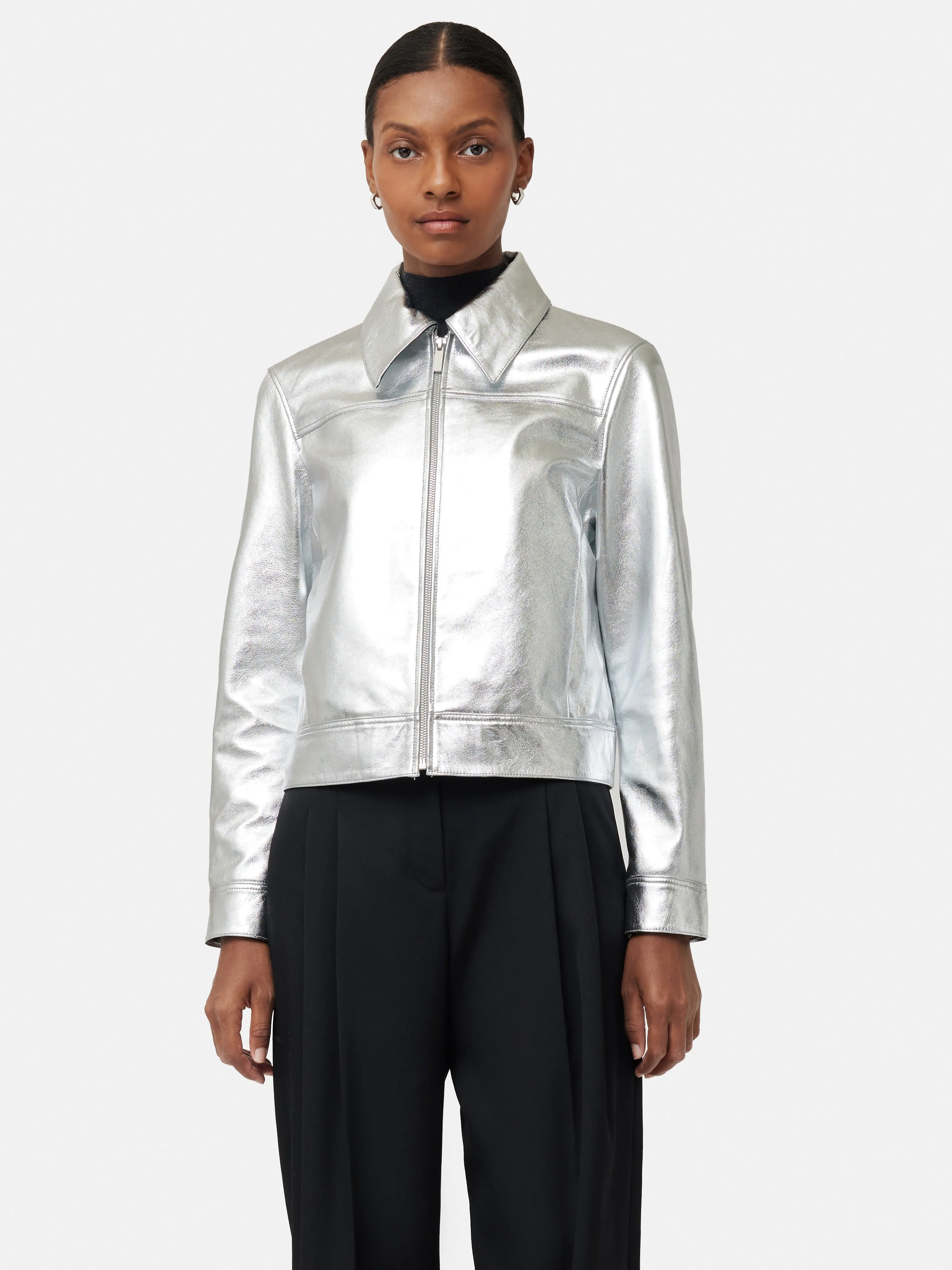 Zip Front Leather Biker Jacket | Silver sold by Jigsaw