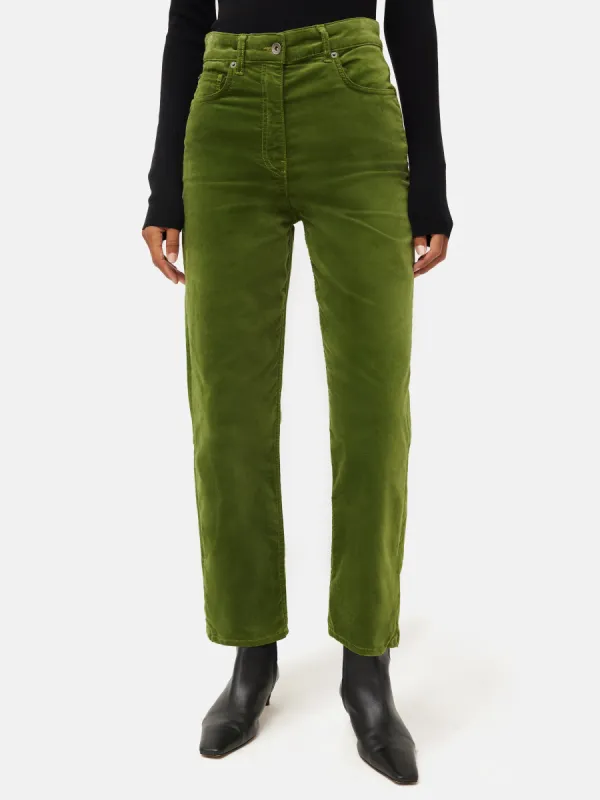 Delmont Velvet Tapered Jean | Green sold by Jigsaw