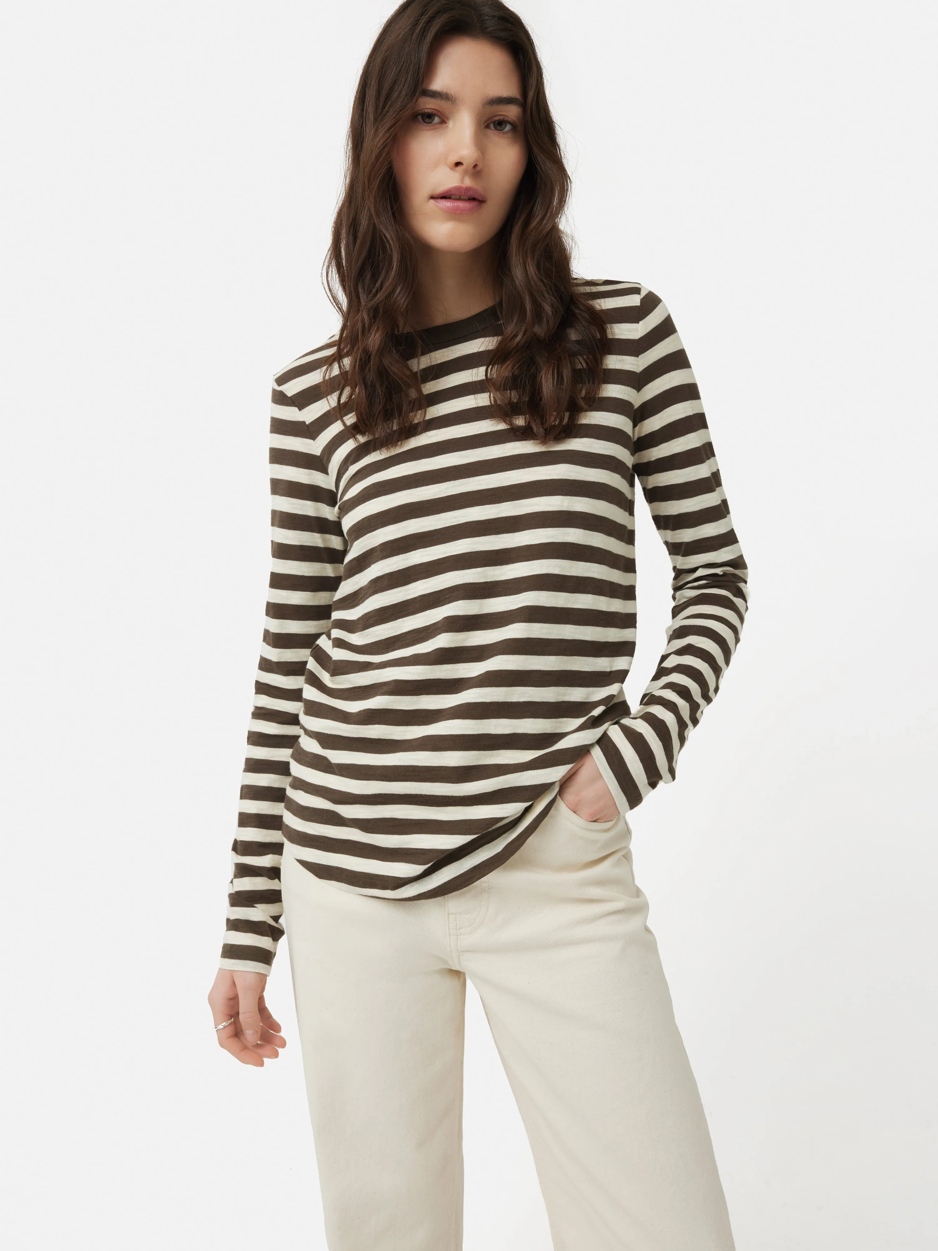 Cotton Slub Stripe Long Sleeve Tee | Brown sold by Jigsaw