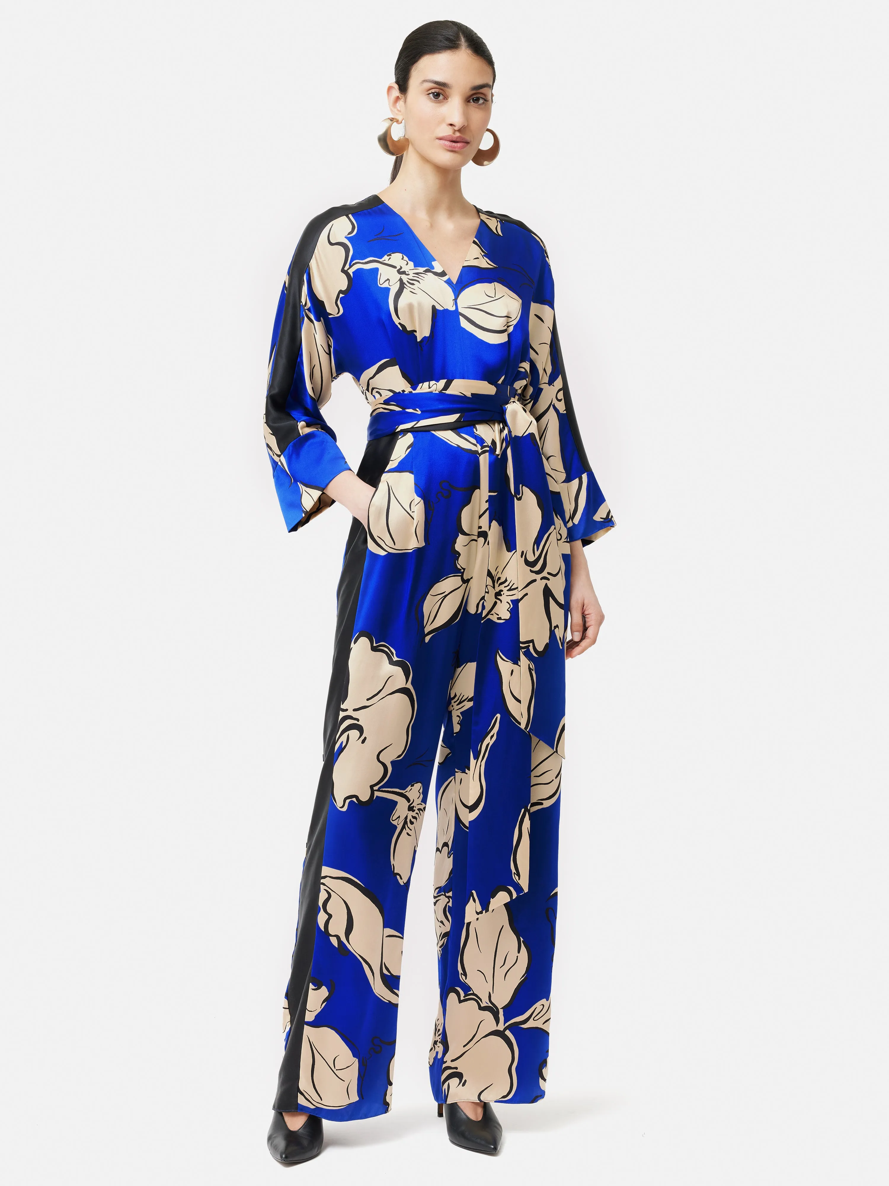Leaf Outline Silk Jumpsuit | Blue sold by Jigsaw