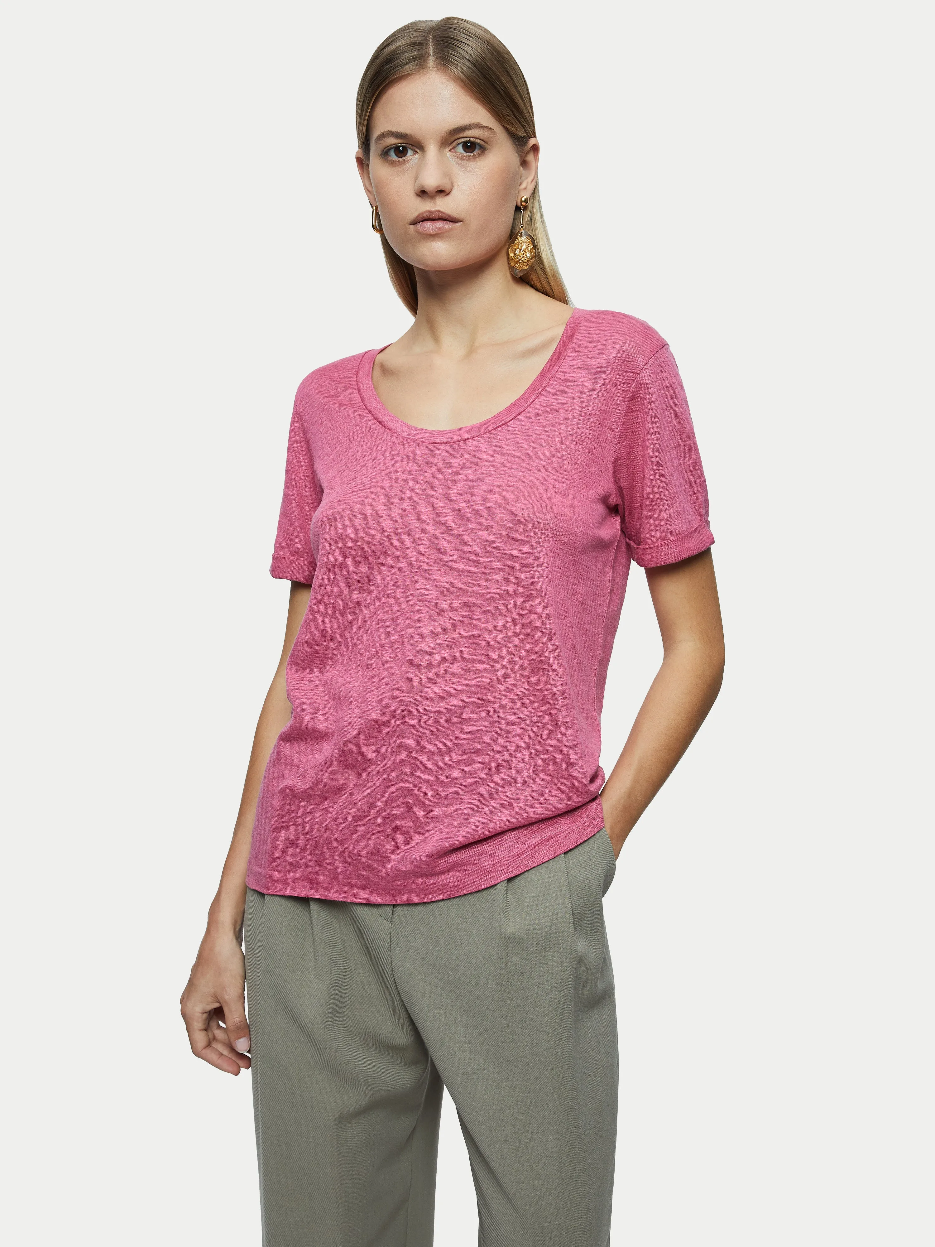 Linen Scoop Rolled Sleeve Tee | Pink sold by Jigsaw