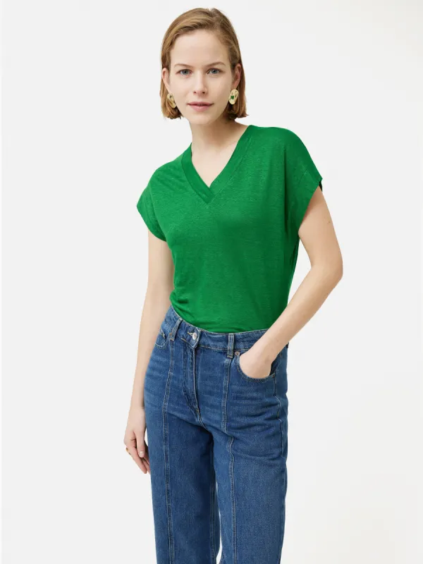 Linen Short Sleeve V Neck Tee | Green sold by Jigsaw