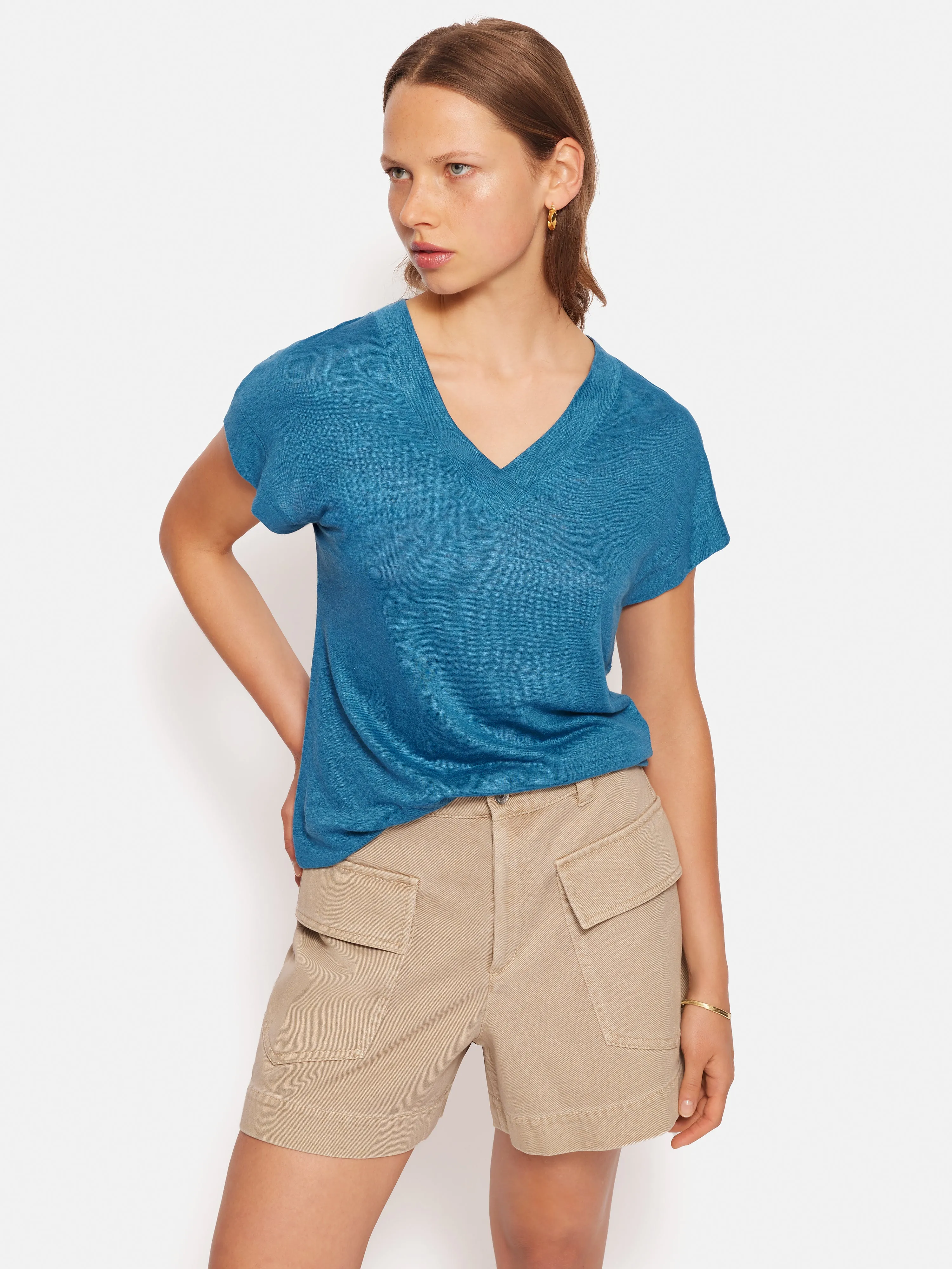 Linen V Neck Tee | Blue sold by Jigsaw