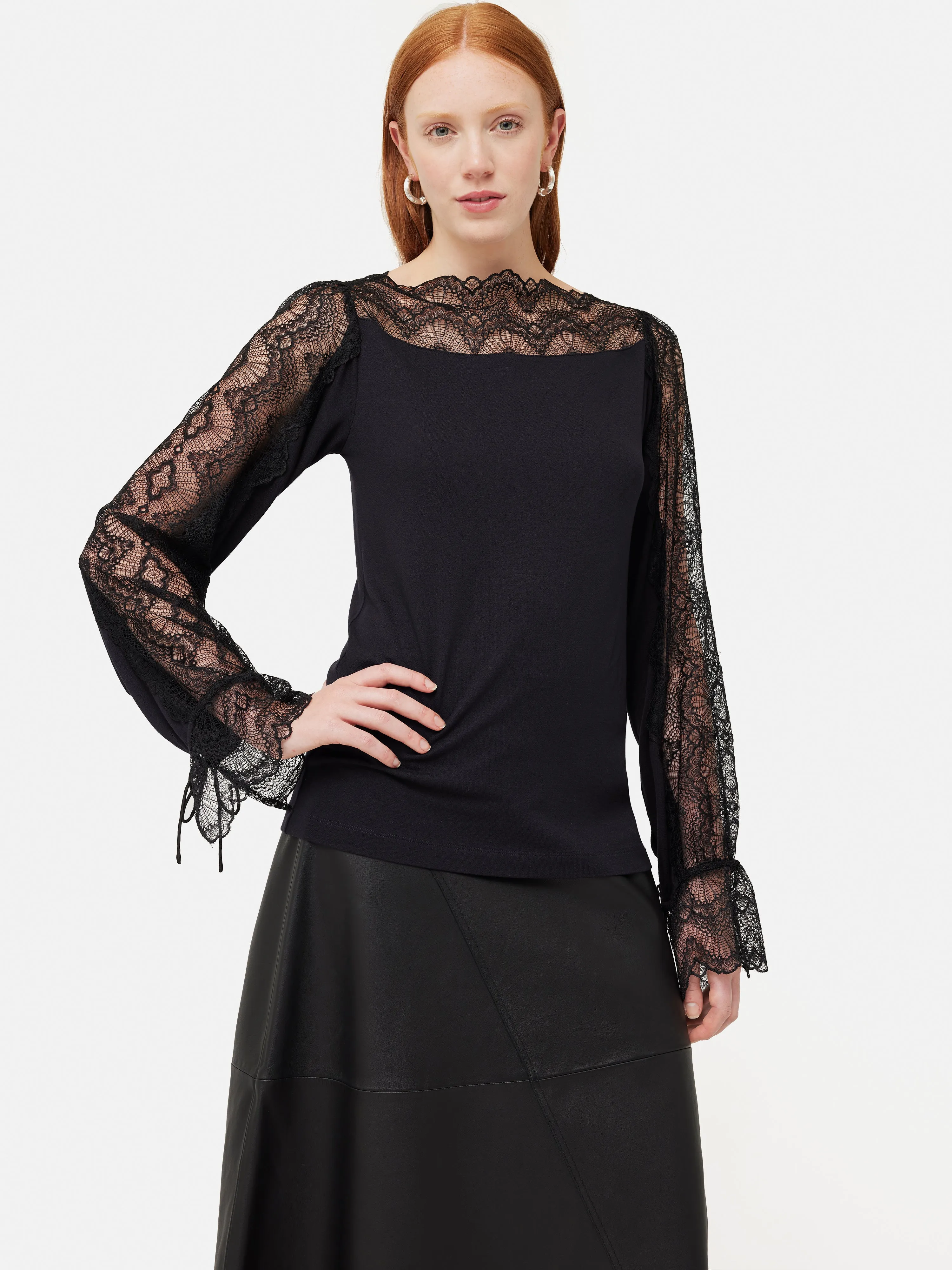 Lace Trim Jersey Blouse | Navy sold by Jigsaw