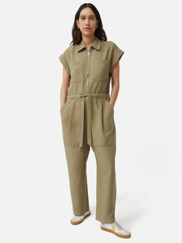 Linen Zip Front Jumpsuit | Khaki sold by Jigsaw