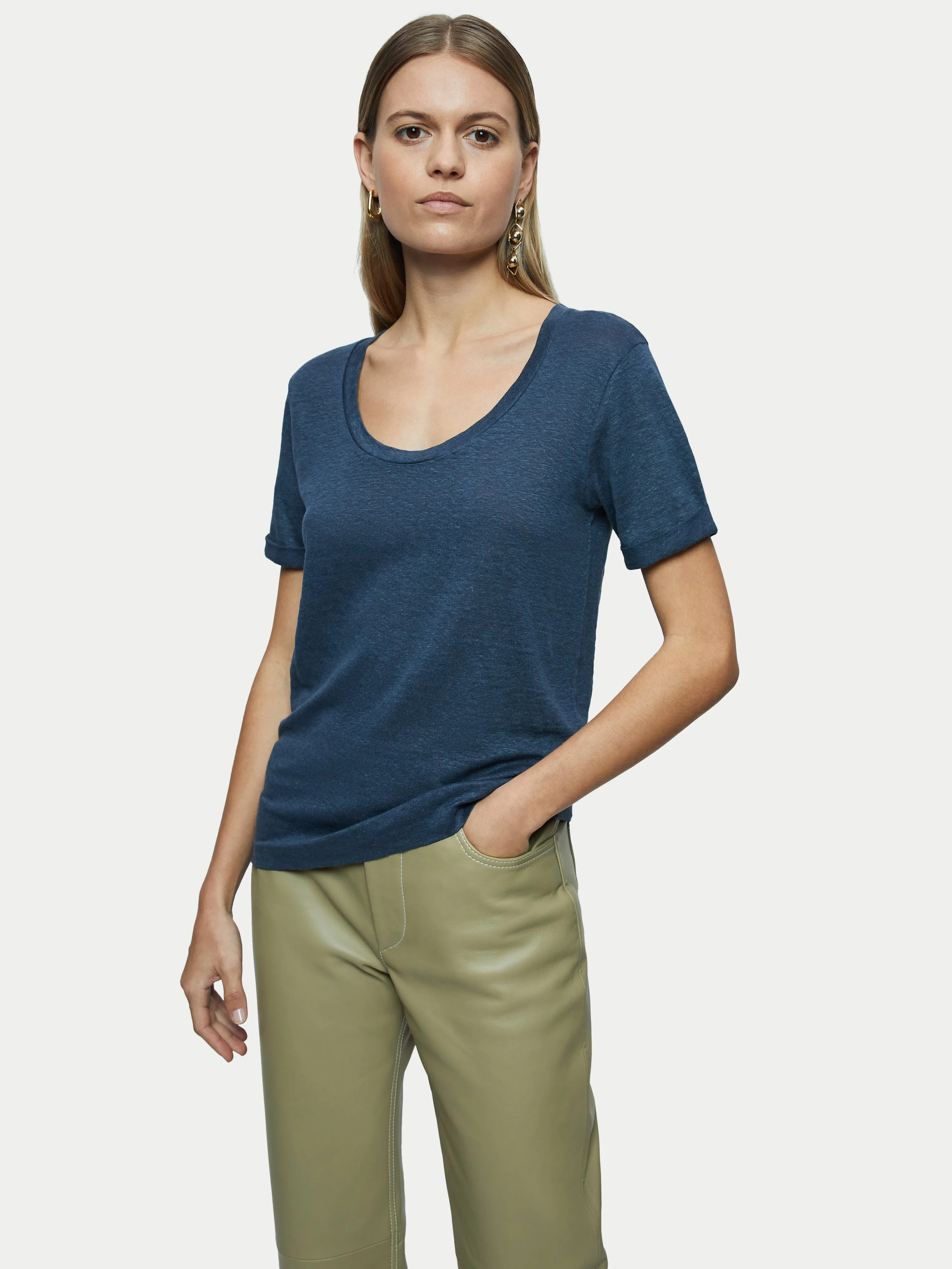 Linen Scoop Rolled Sleeve Tee | Grey sold by Jigsaw