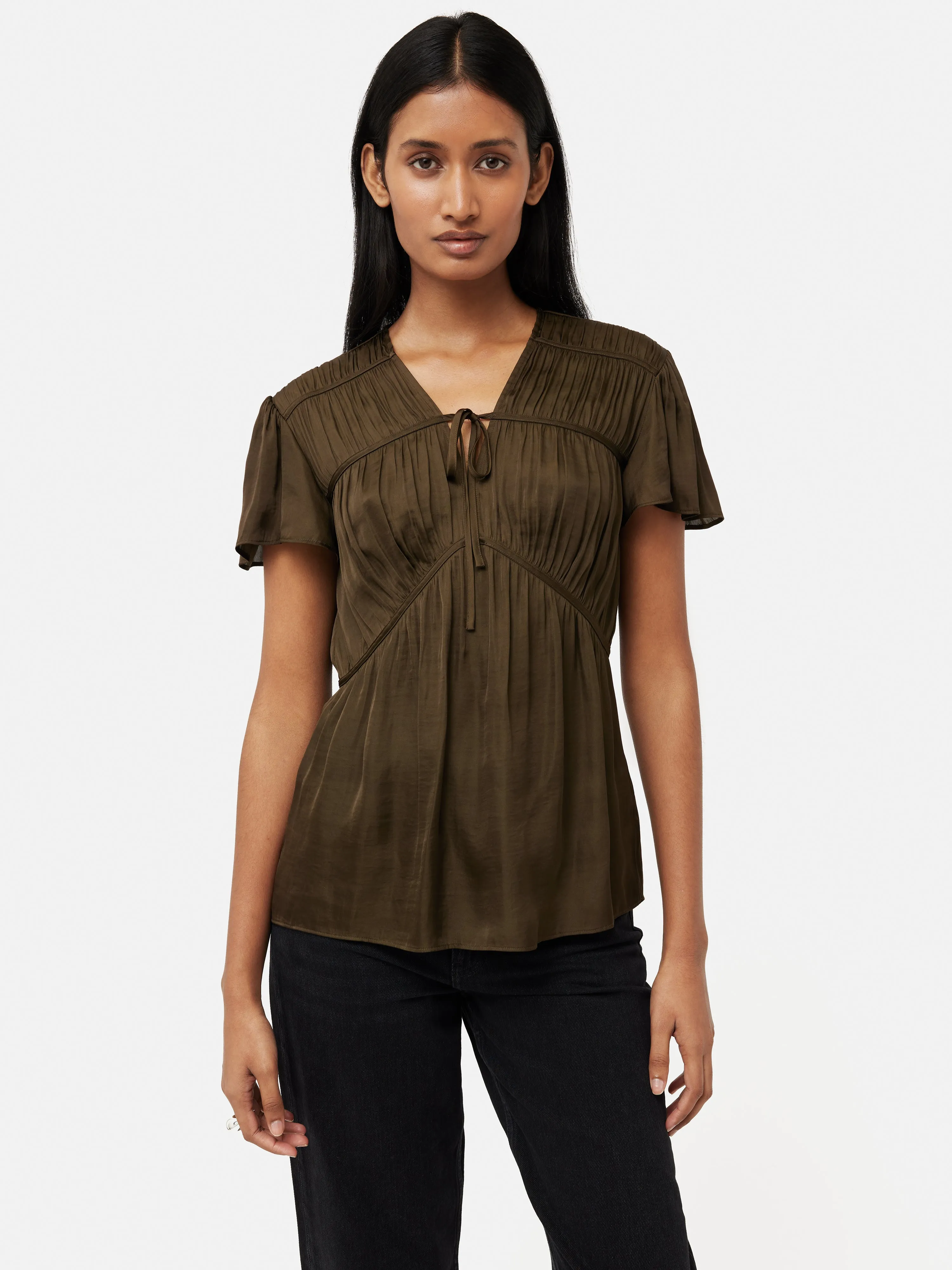 Recycled Satin Drape Top | Khaki sold by Jigsaw