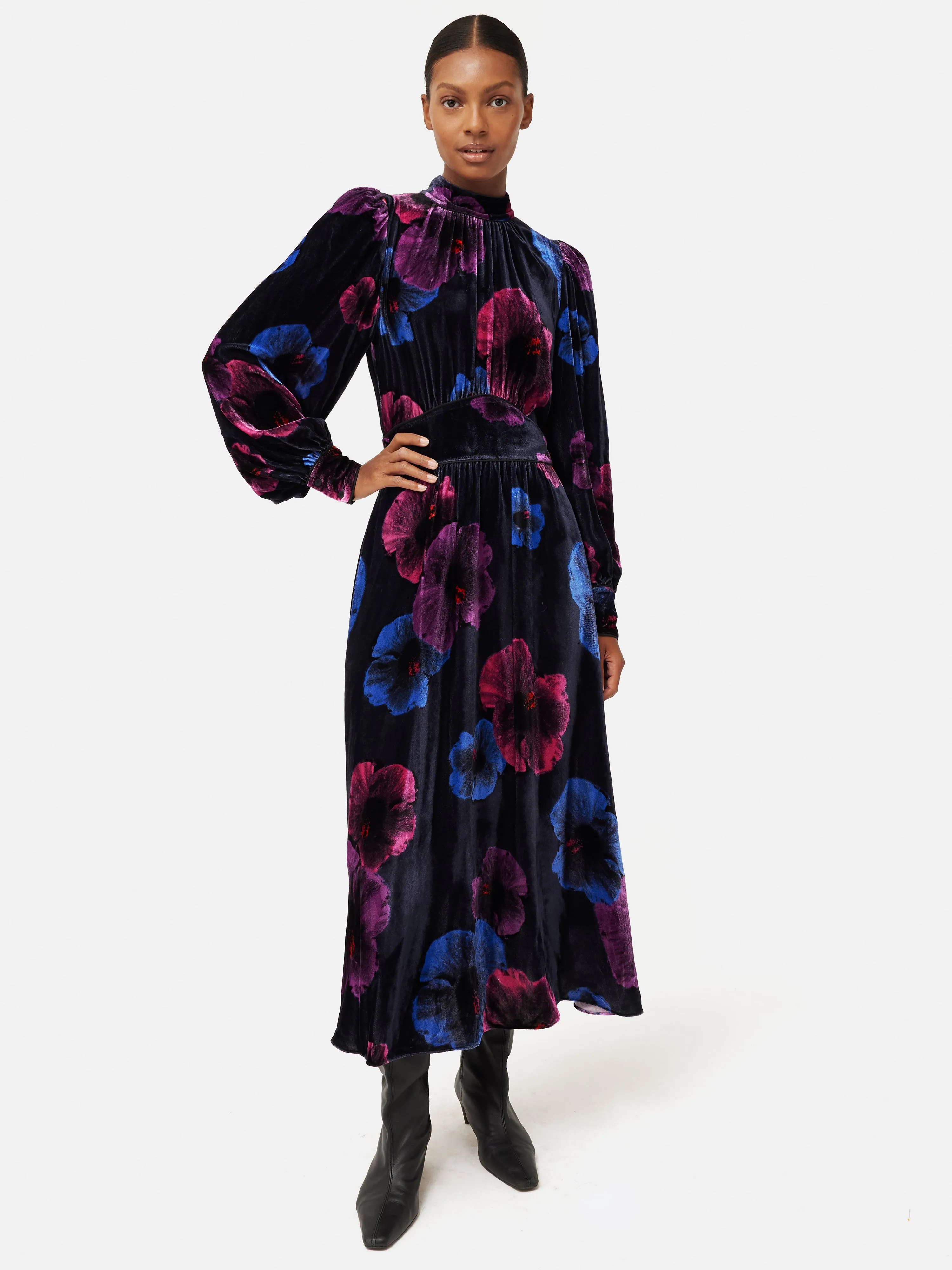 Winter Hibiscus Silk Velvet Dress | Purple sold by Jigsaw