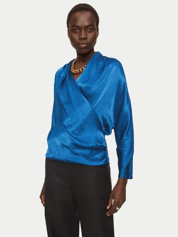 Hammered Satin Wrap Front Top | Blue sold by Jigsaw