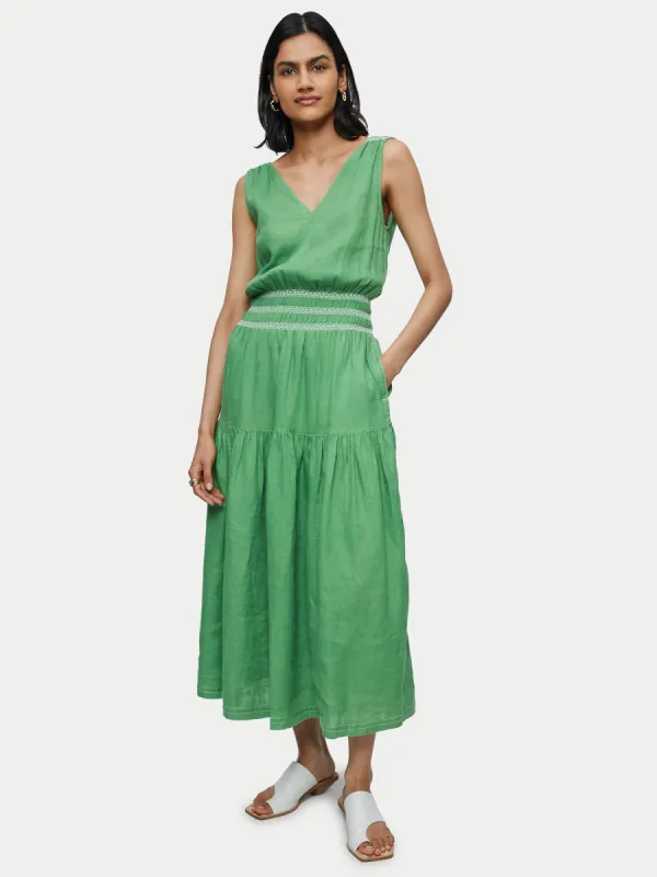 Linen Smocked Detail Maxi Dress | Green sold by Jigsaw