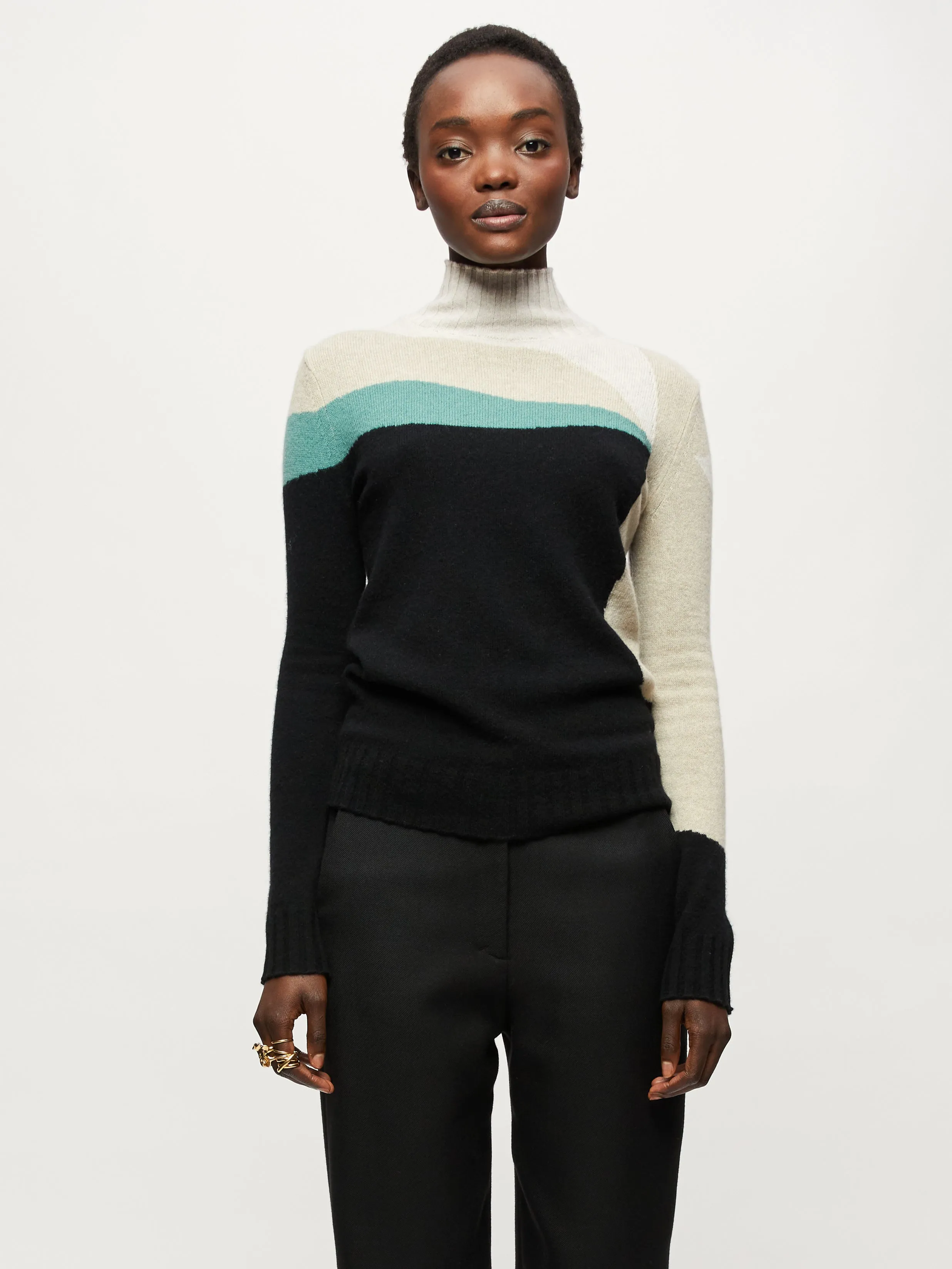 Merino Cashmere Intarsia Block jumper | Black sold by Jigsaw