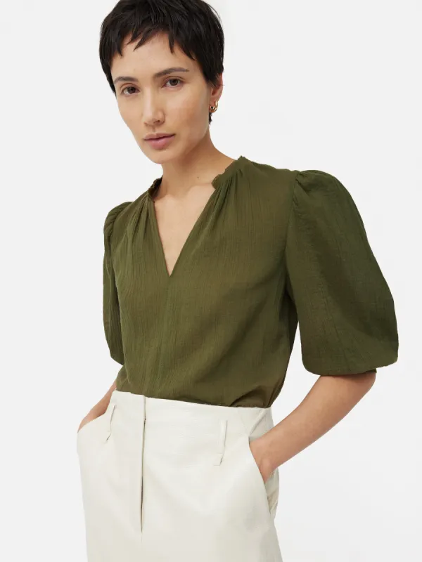 Cotton Crinkle Cicelly Top | Khaki sold by Jigsaw