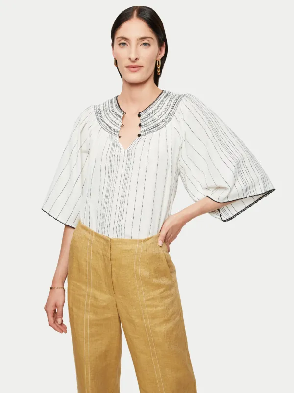 Cotton Stripe Smocked Top | White sold by Jigsaw
